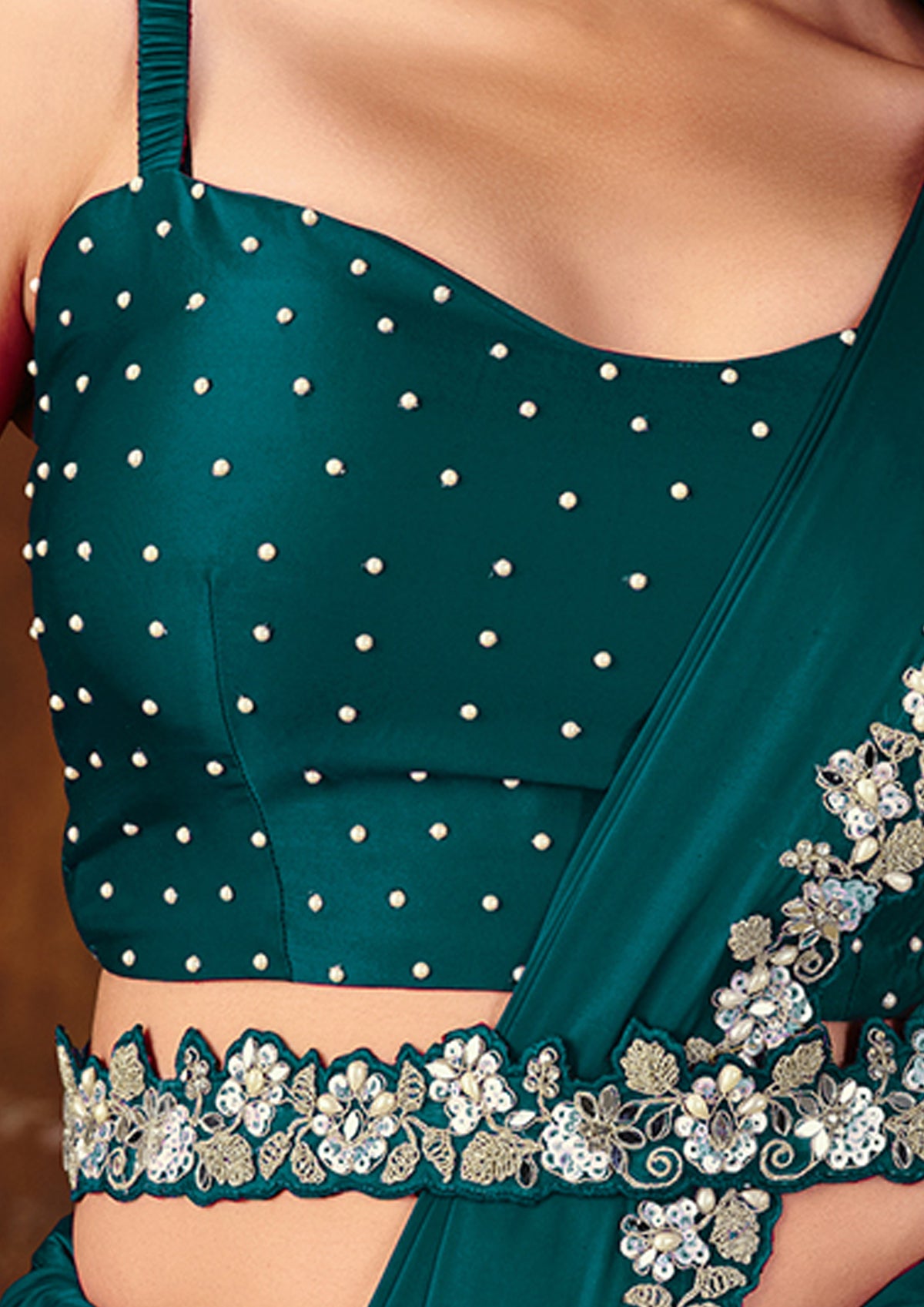 Teal Green Embellished Satin Silk Saree