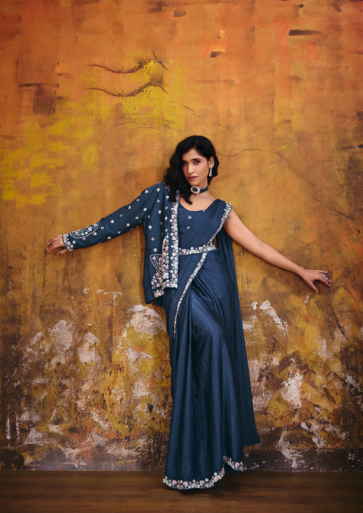 Midnight Blue Embroidered Velvet Satin Saree