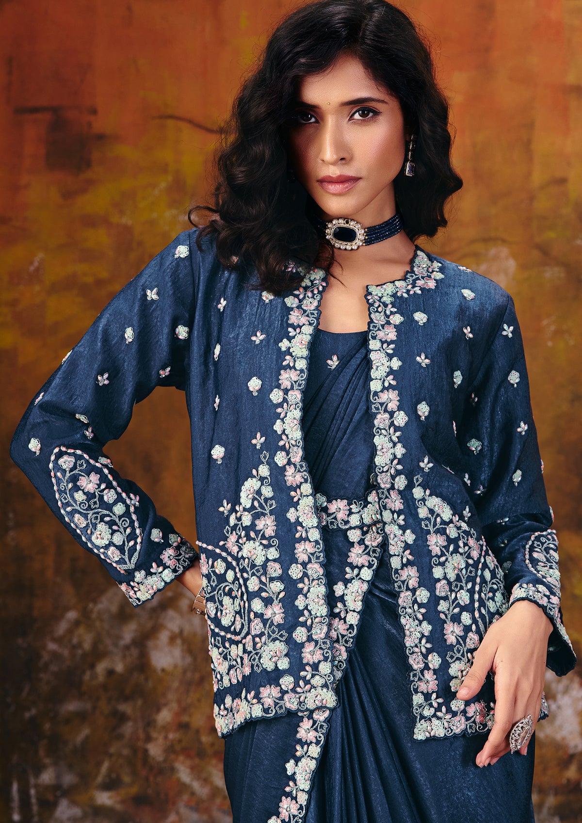 Midnight Blue Embroidered Velvet Satin Saree