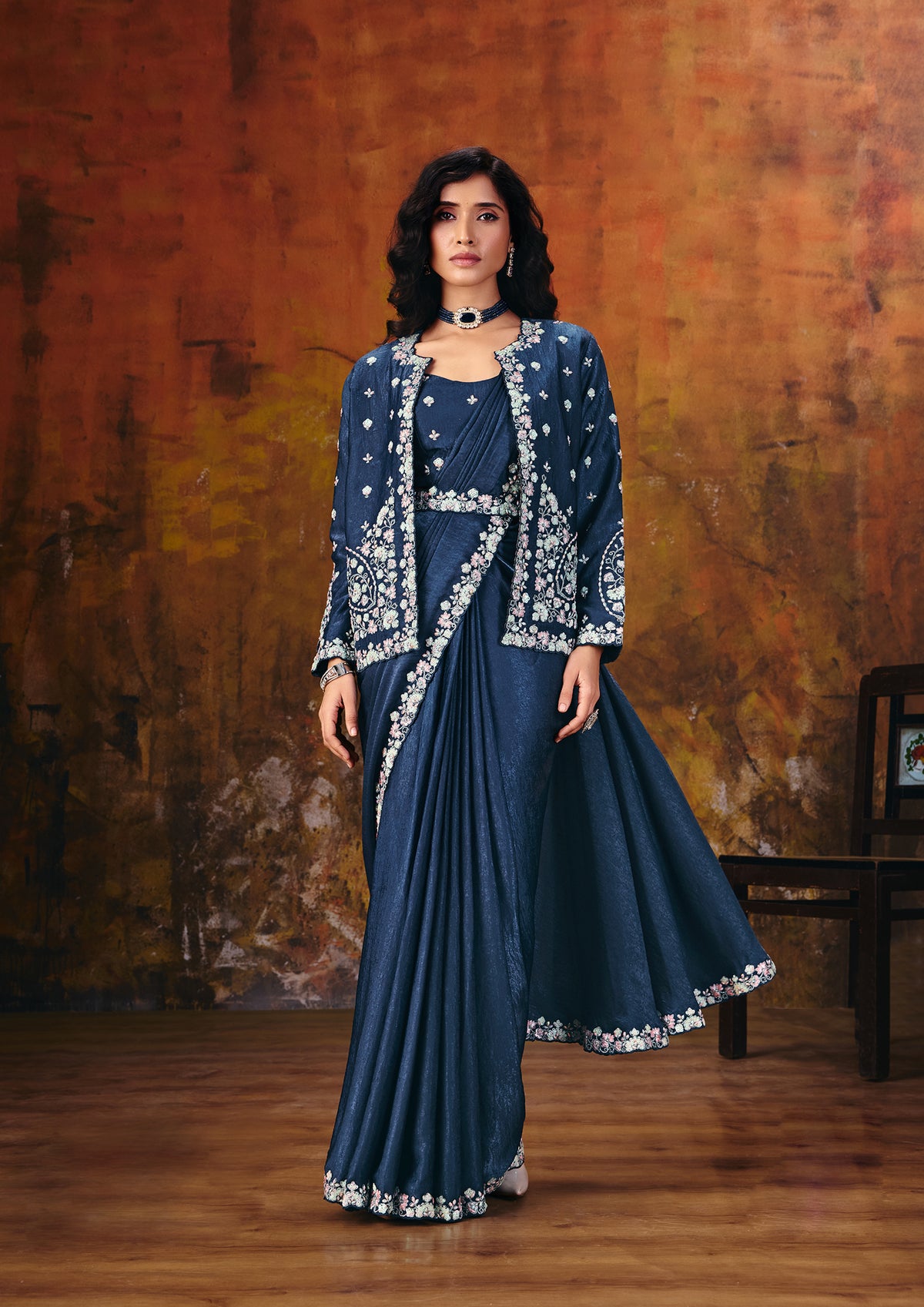 Midnight Blue Embroidered Velvet Satin Saree