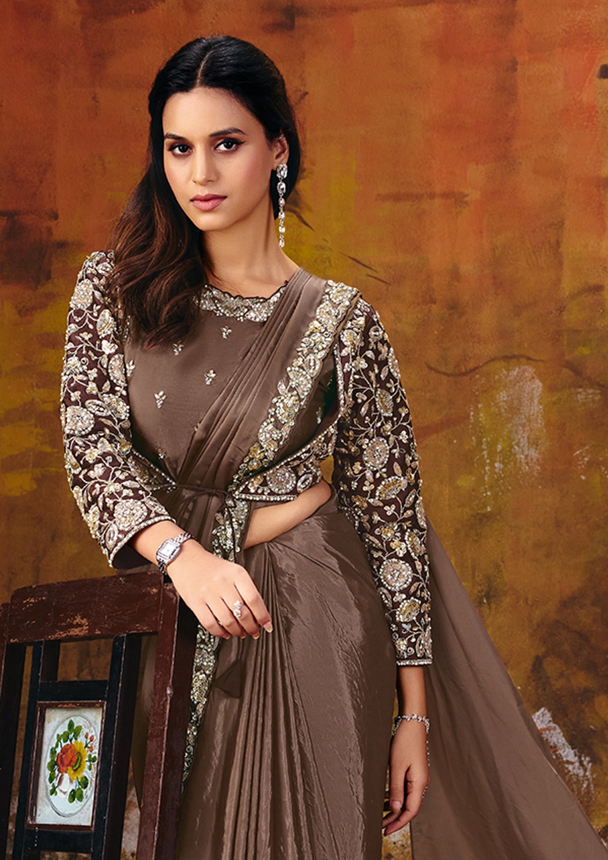 Bronze Brown Embroidered Satin Silk Saree