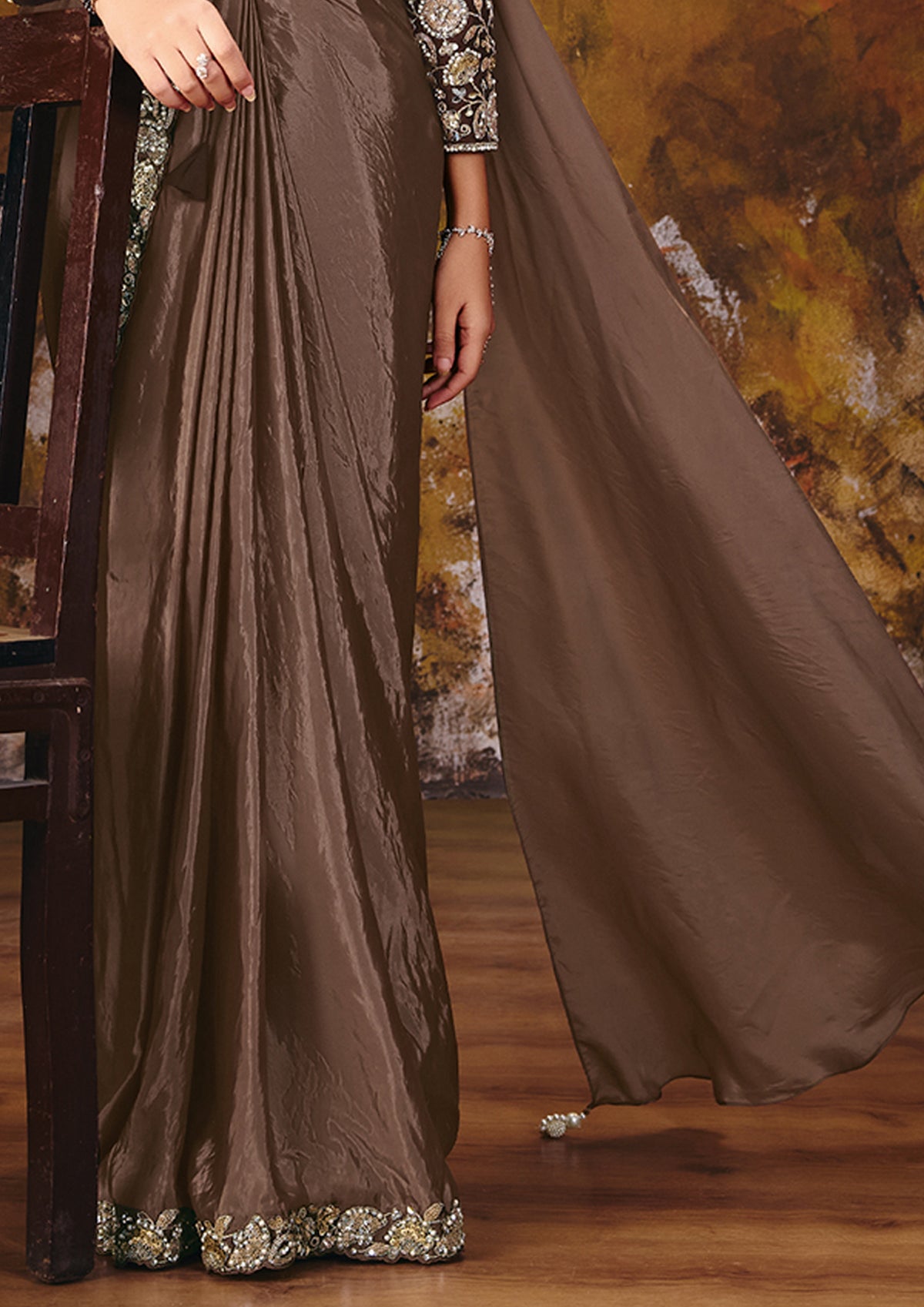 Bronze Brown Embroidered Satin Silk Saree