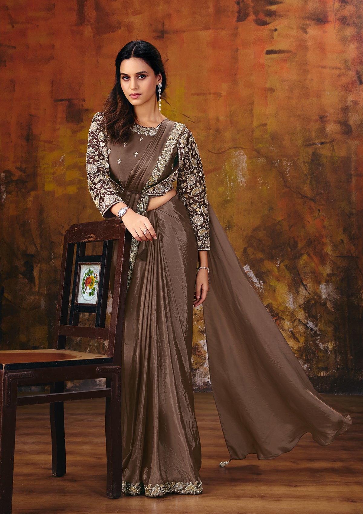 Bronze Brown Embroidered Satin Silk Saree
