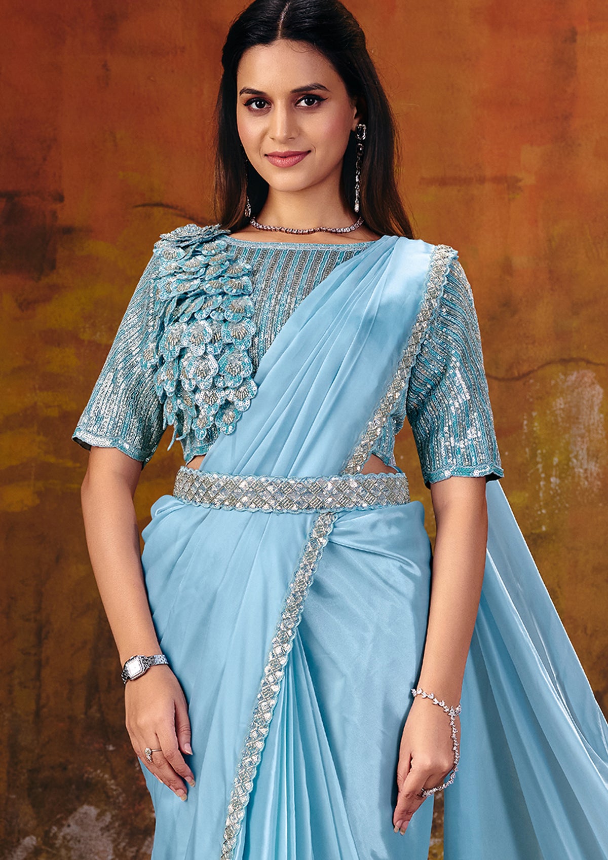 Ice Blue Embellished Premium Net Saree