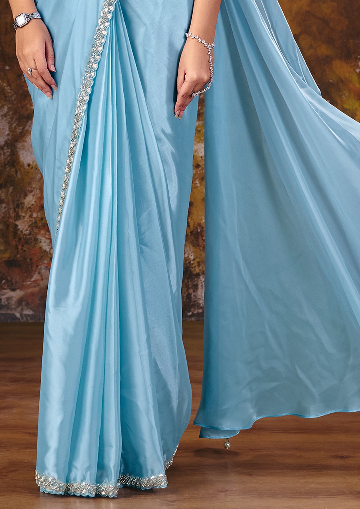 Ice Blue Embellished Premium Net Saree