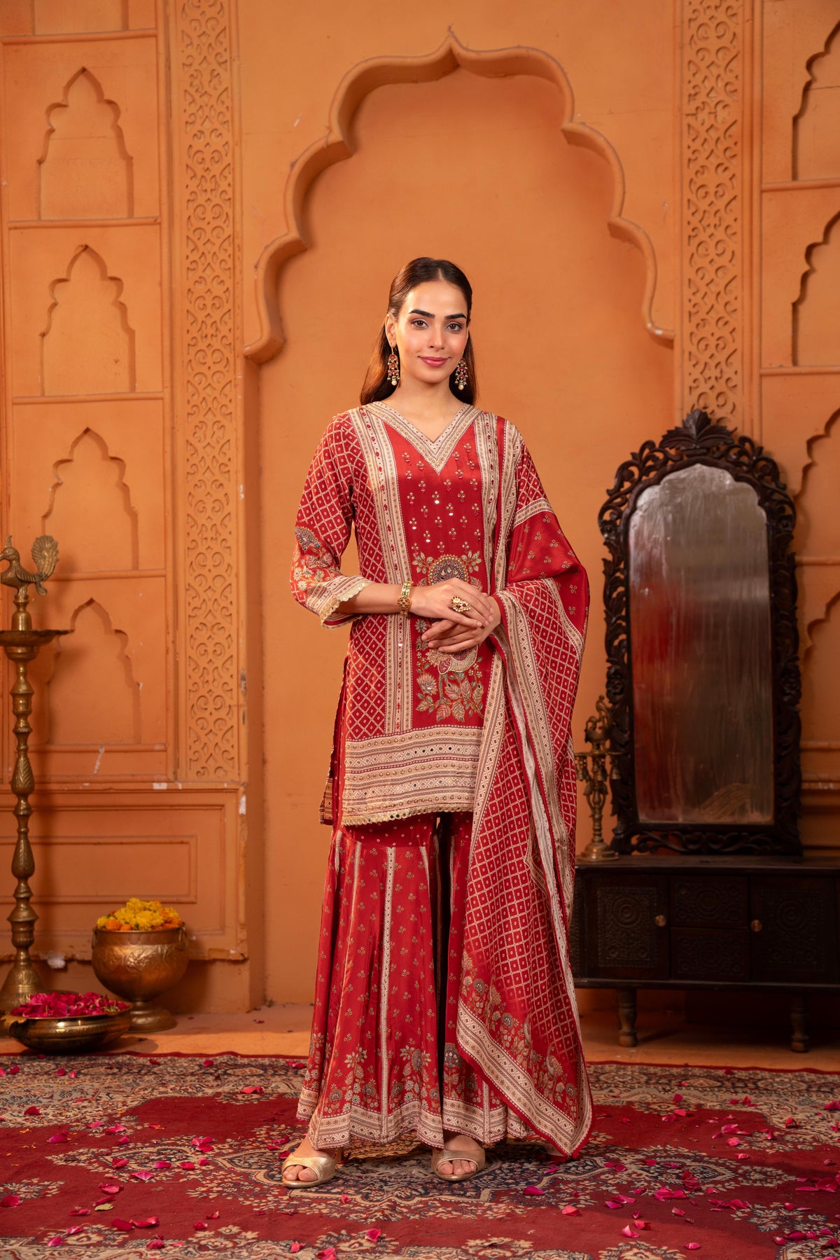 Rust Red Embellished Crepe Silk Sharara Set
