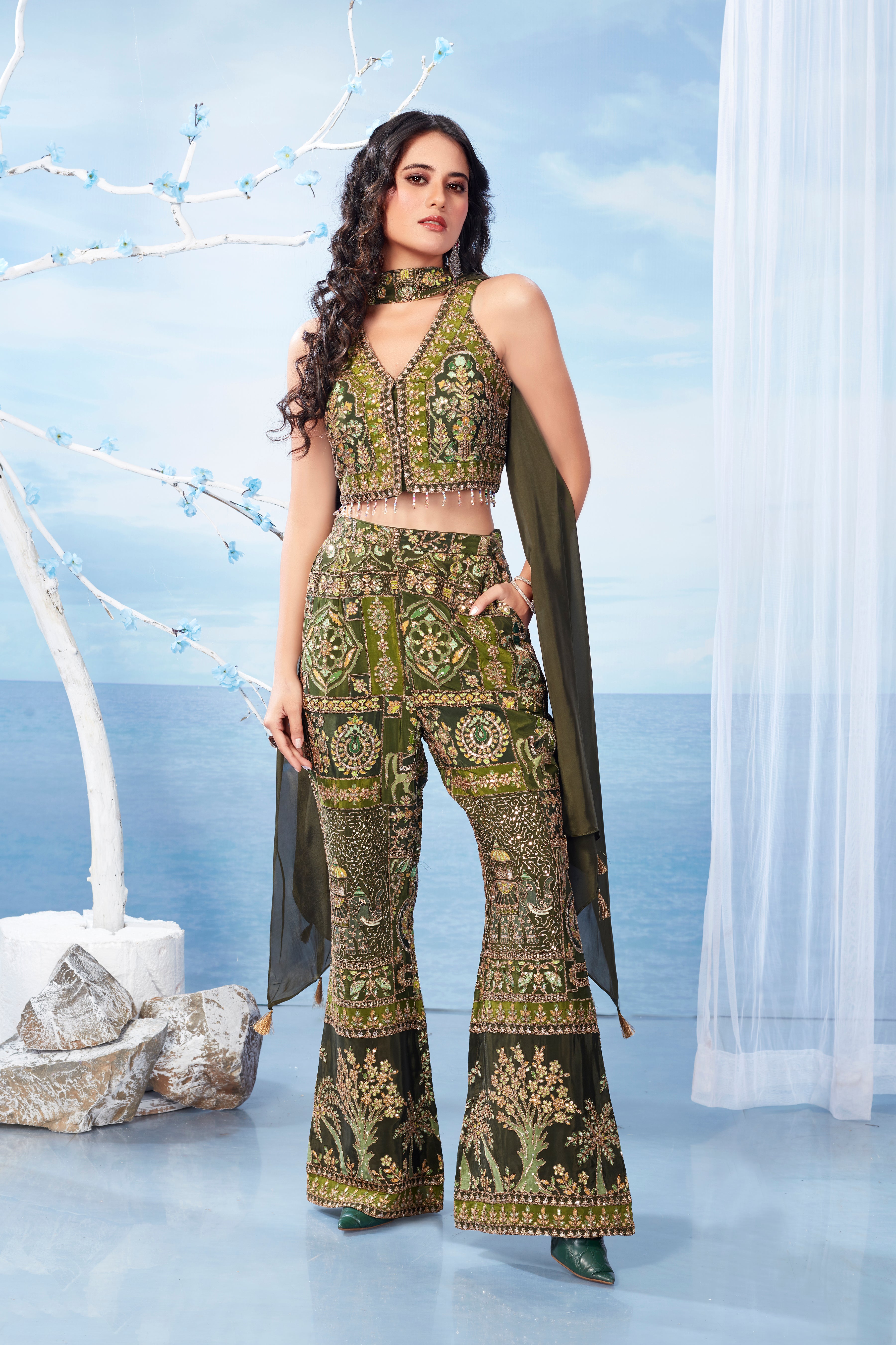 Green Embellished Italian Silk Palazzo Set