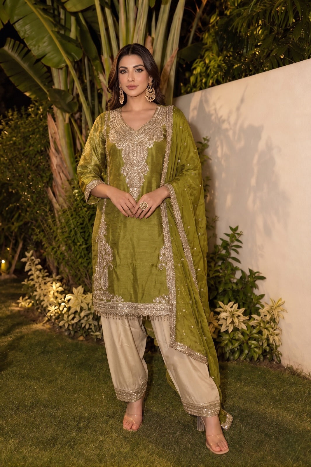 Mehendi Green Embellished Banarasi Brocade Silk Pant Set
