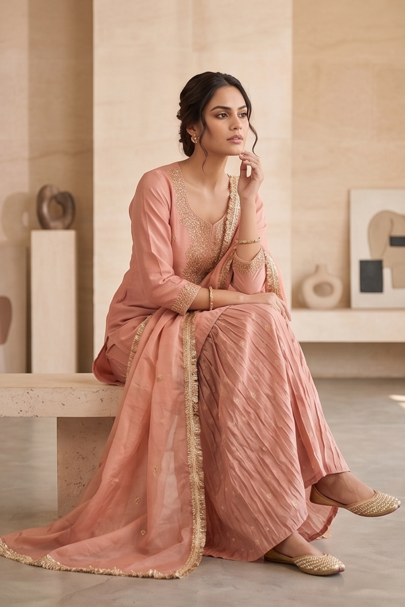Rose Gold Tissue Silk Sharara Set