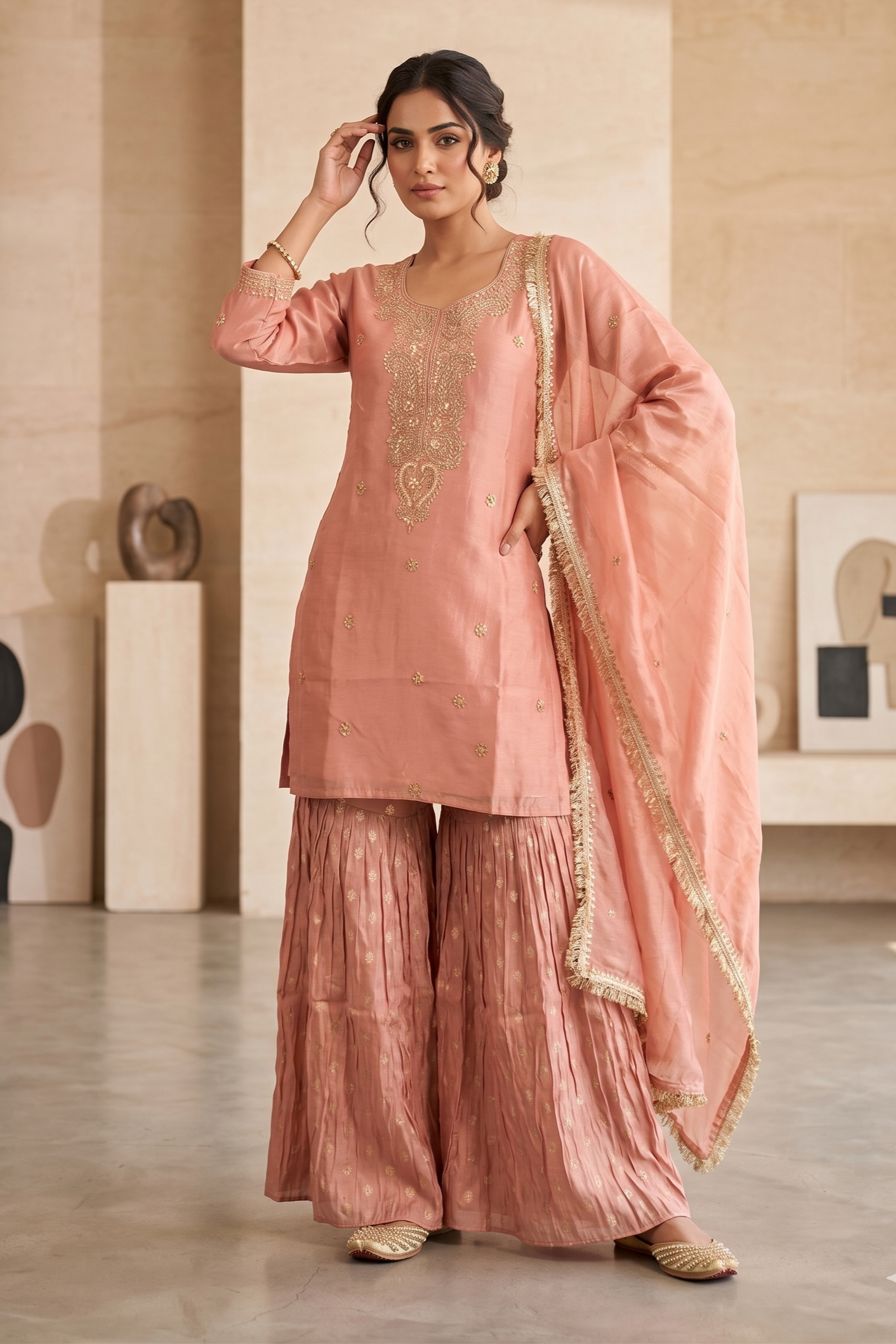 Rose Gold Tissue Silk Sharara Set