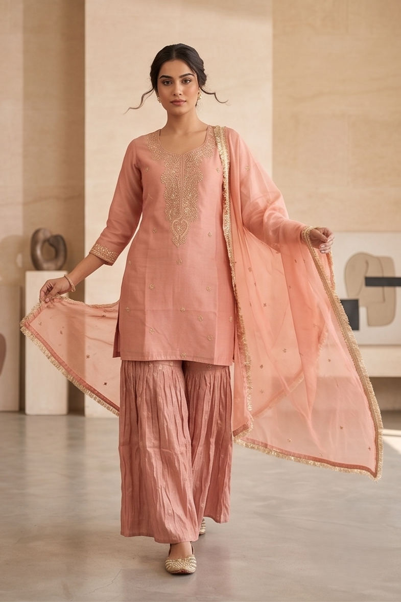 Rose Gold Tissue Silk Sharara Set