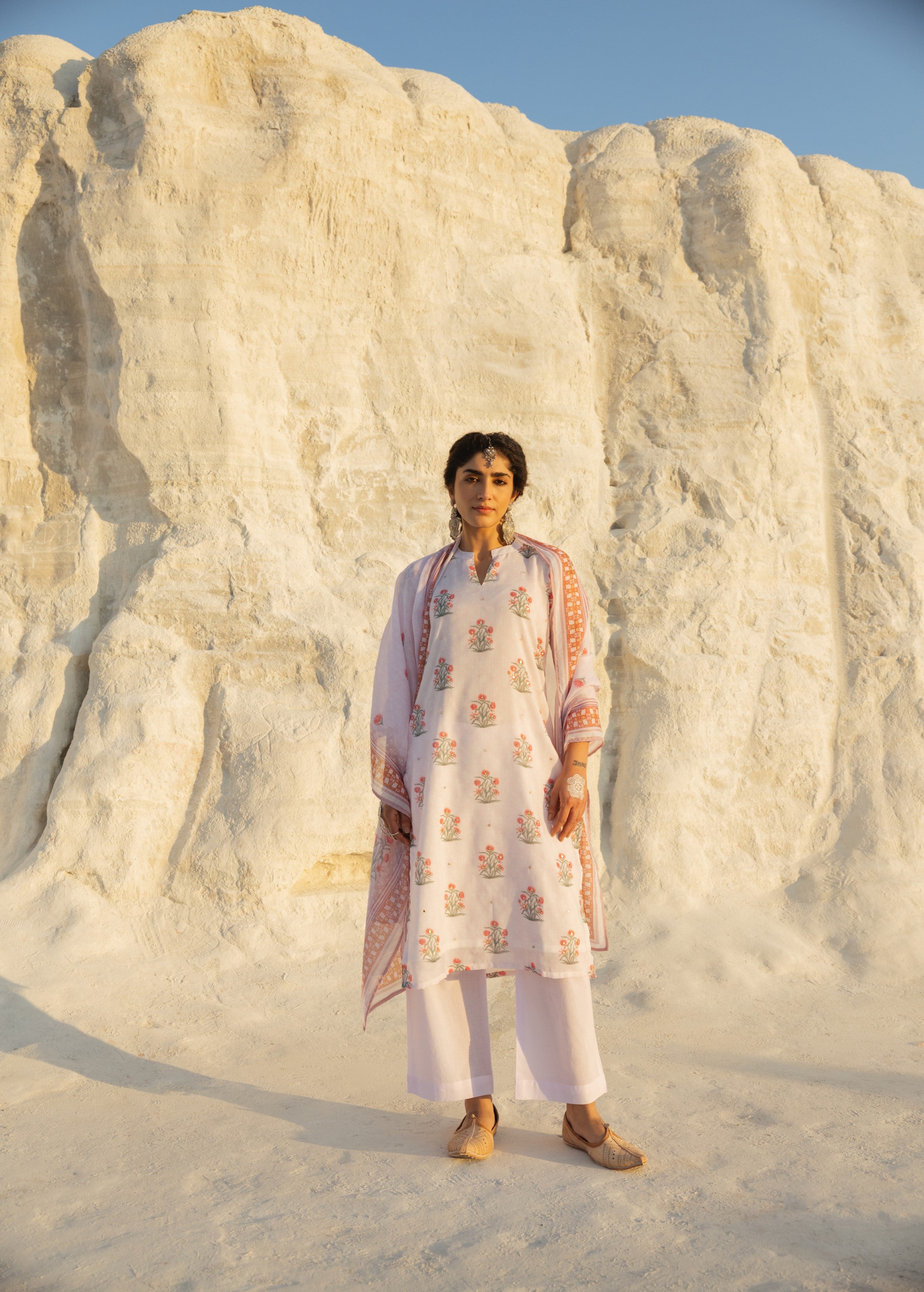 Pastel Pink Embellished Kota Doria Pant Set