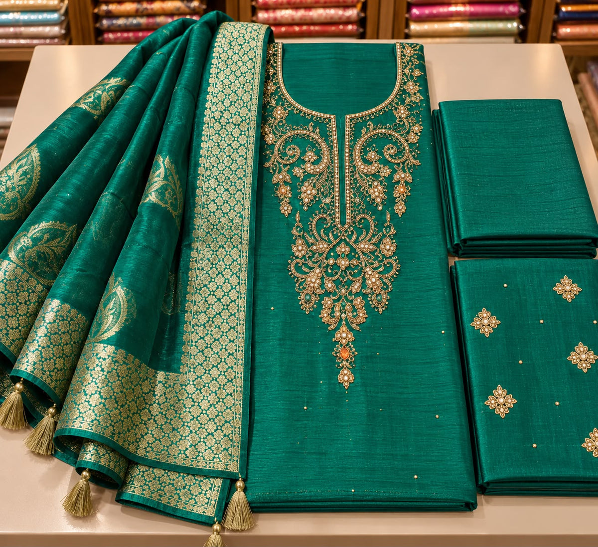 Emerald Green Embellished Viscose Silk Unstitched Suit Set