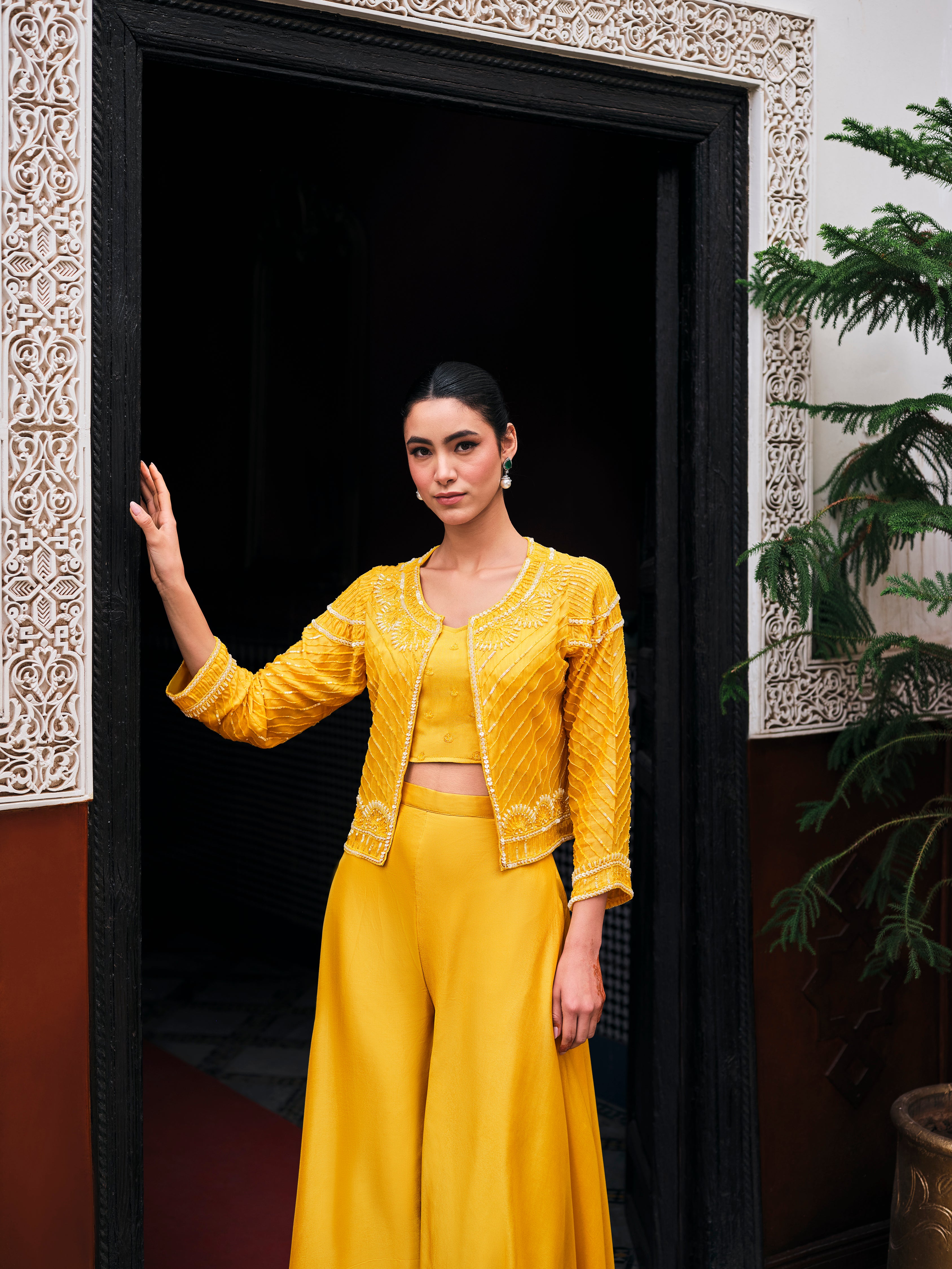 Yellow Embellished Premium Silk Jacket Palazzo Set
