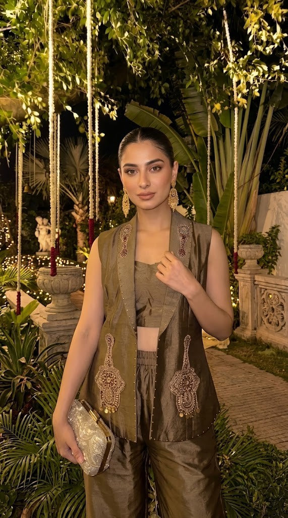 Olive Bronze Embellished Shimmer Tissue Silk Co-Ord Set