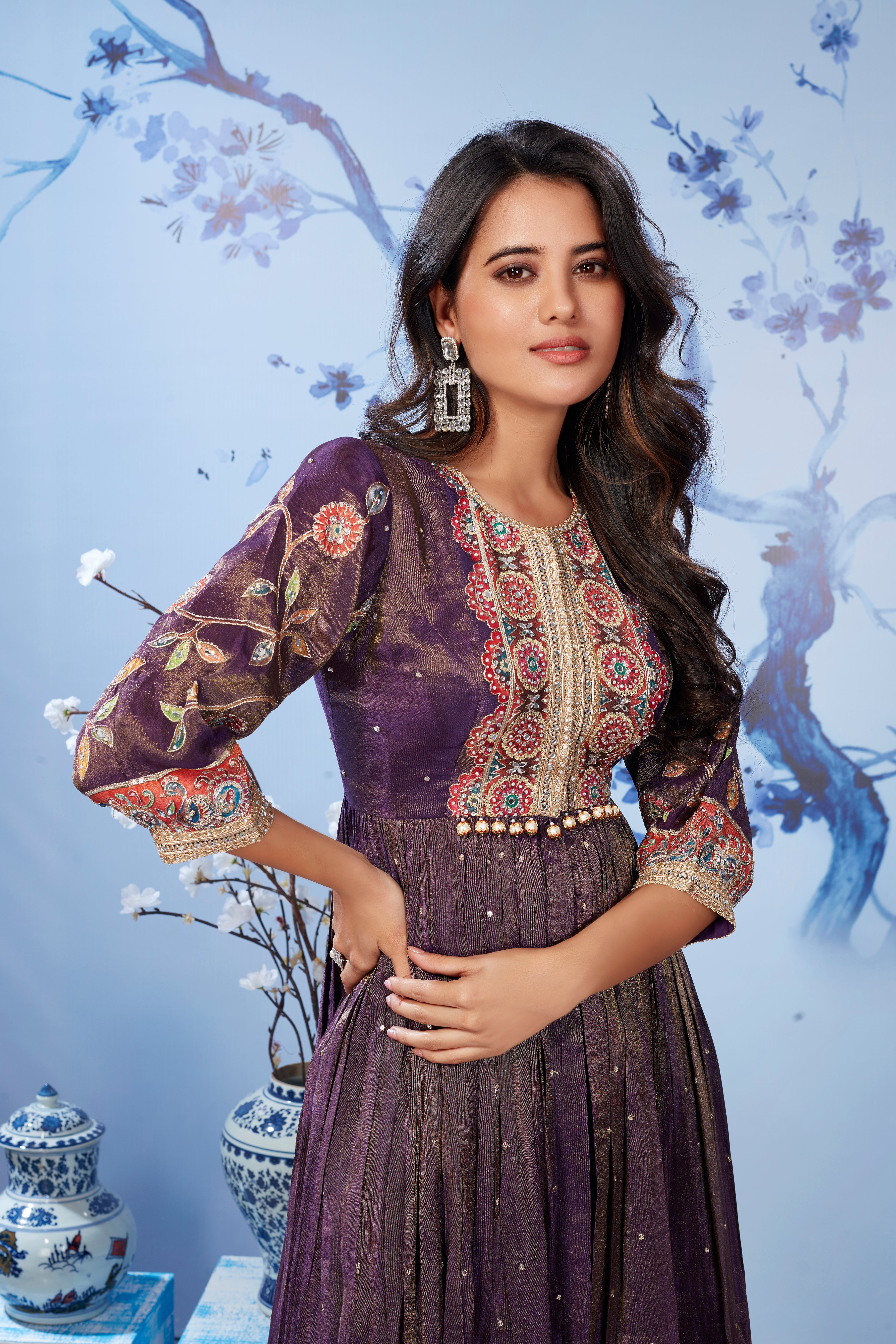 Purple Shimmer Embellished Georgette Silk Kurta Set