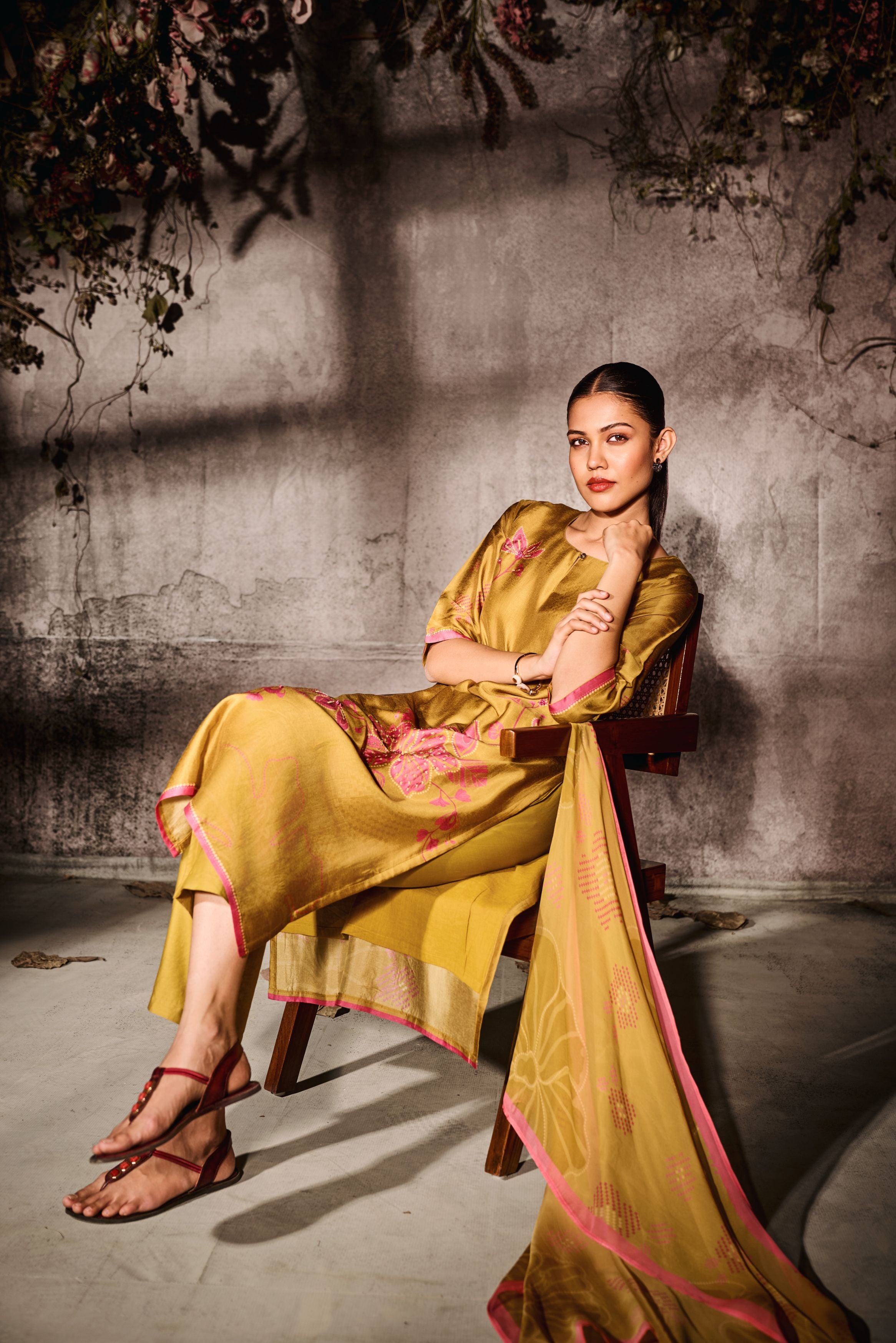 Mustard Yellow Printed Tussar Silk Pants Set