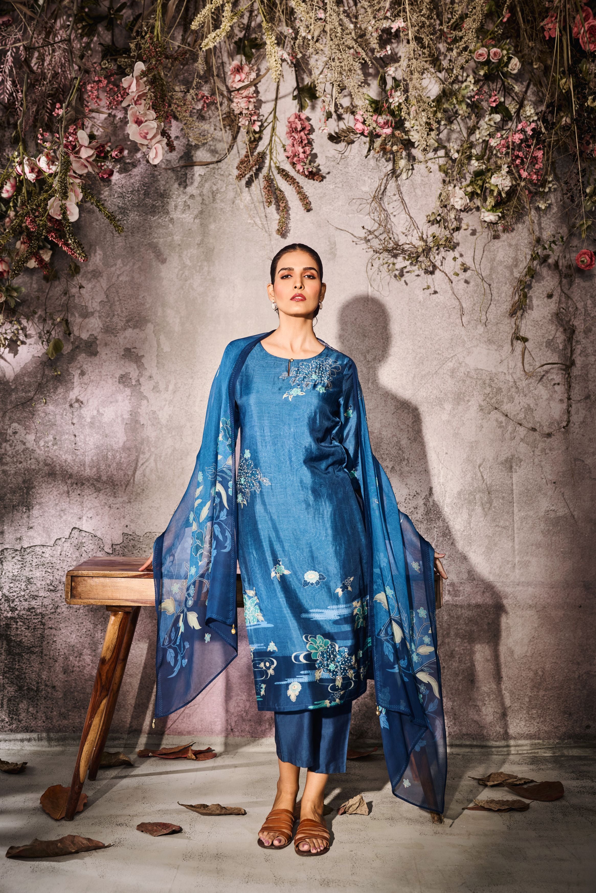 Royal Blue Printed Tussar Silk Pants Set