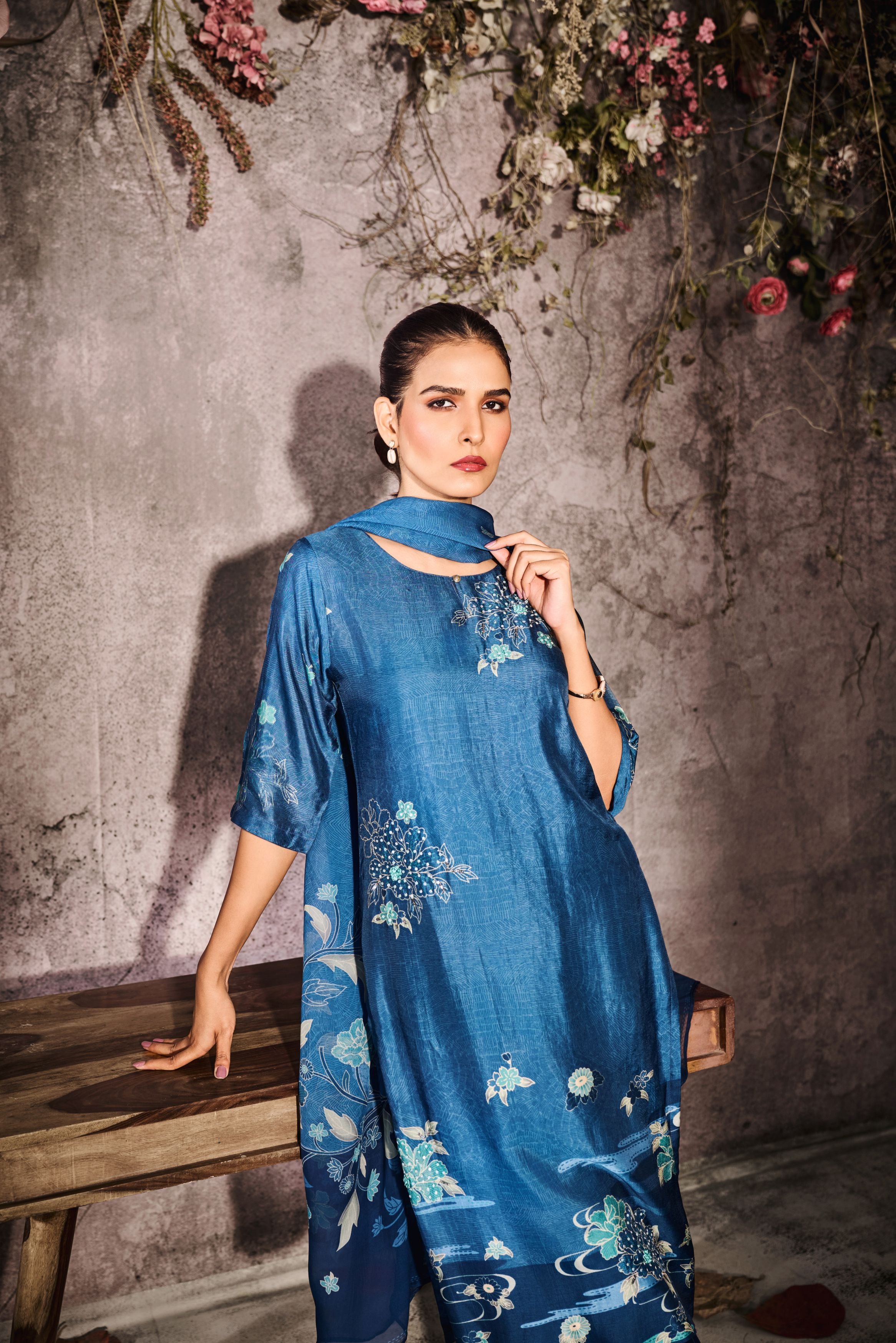 Royal Blue Printed Tussar Silk Pants Set