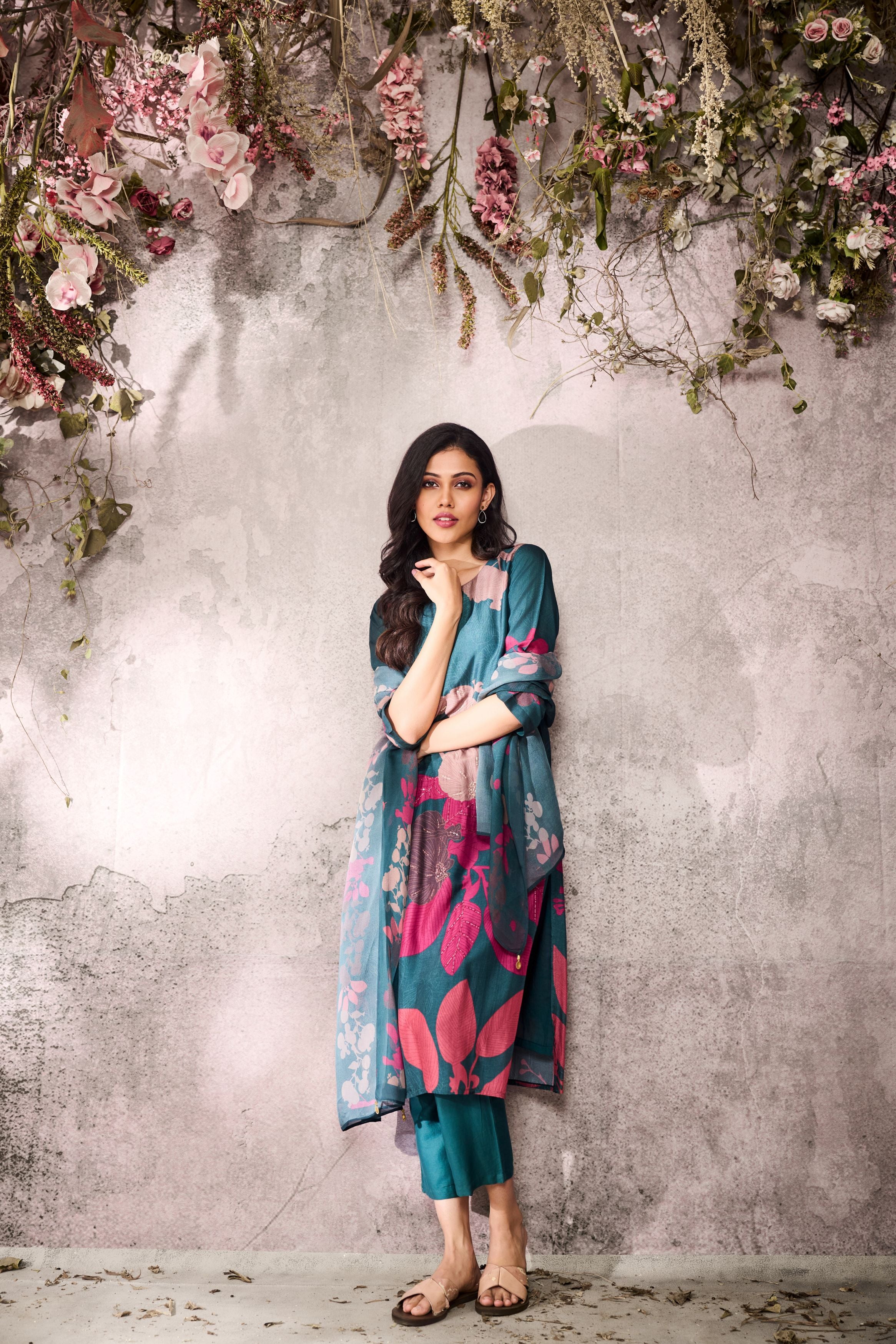 Teal Blue Printed Tussar Silk Pants Set