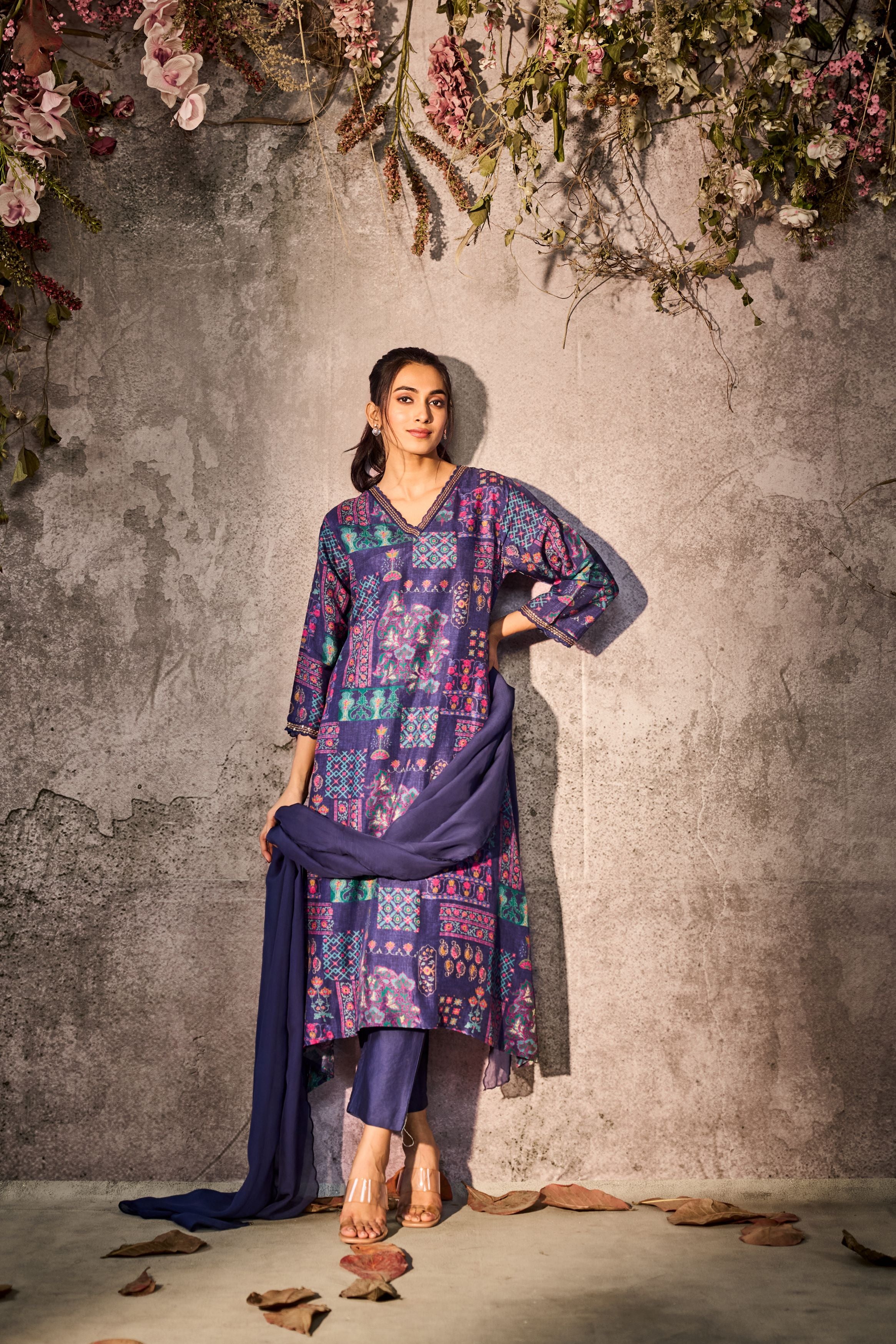 Tacao Purple Printed Tussar Silk Pants Set