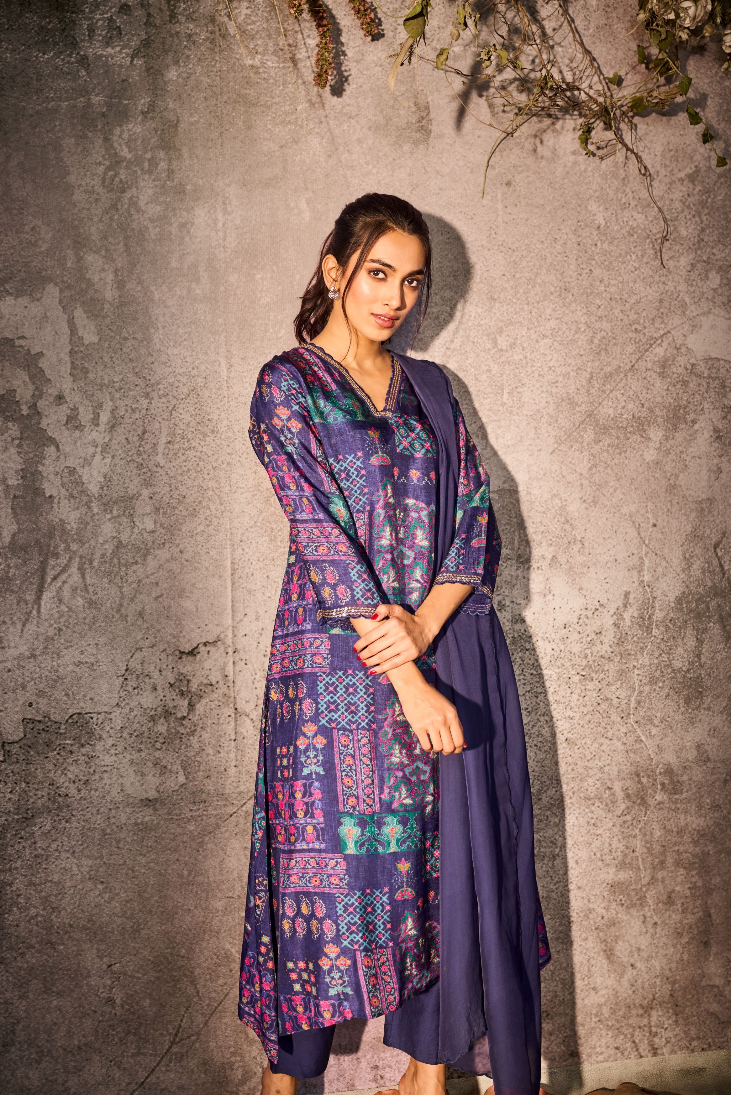 Tacao Purple Printed Tussar Silk Pants Set