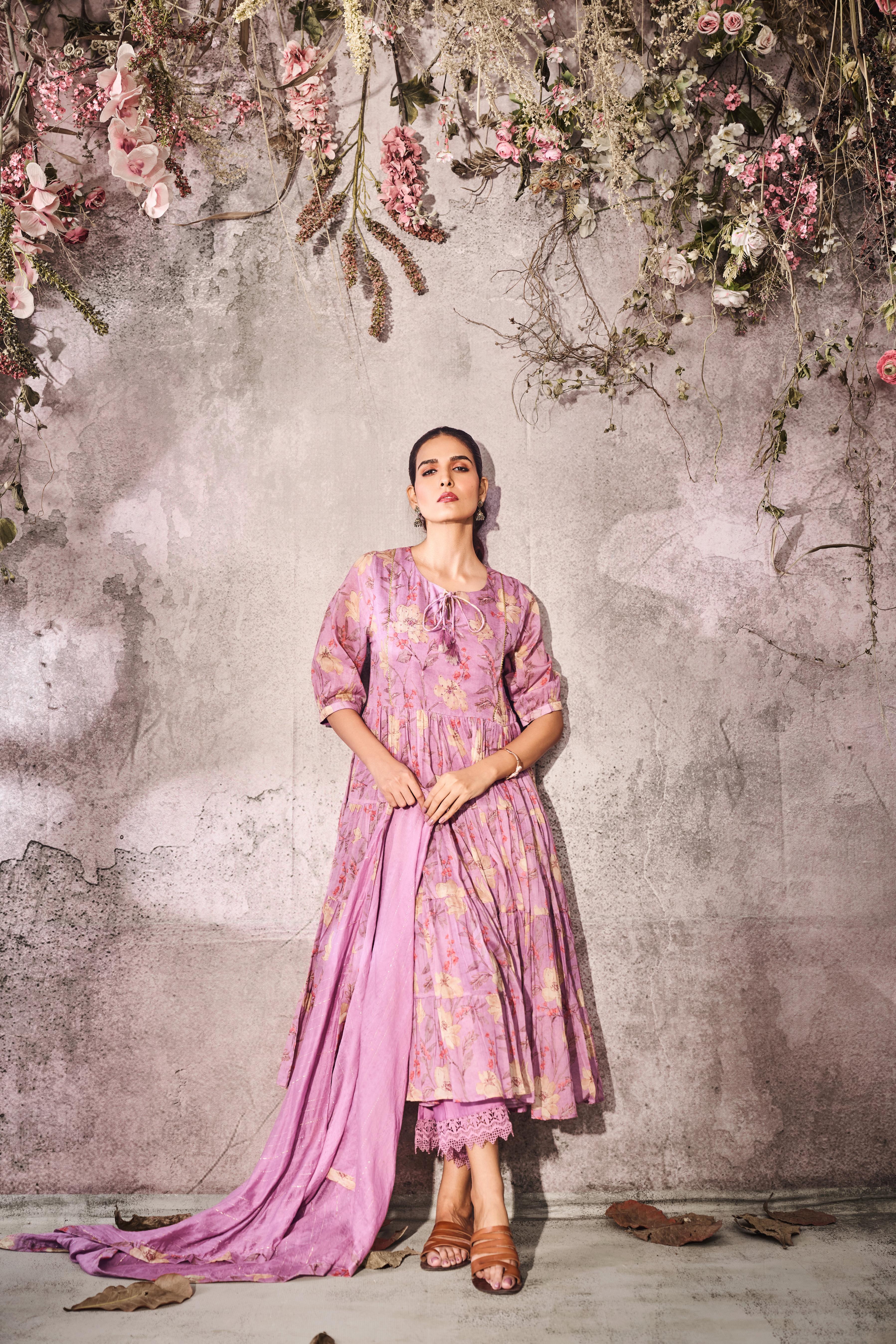 Soft Lilac  Printed Tussar Silk Anarkali Set
