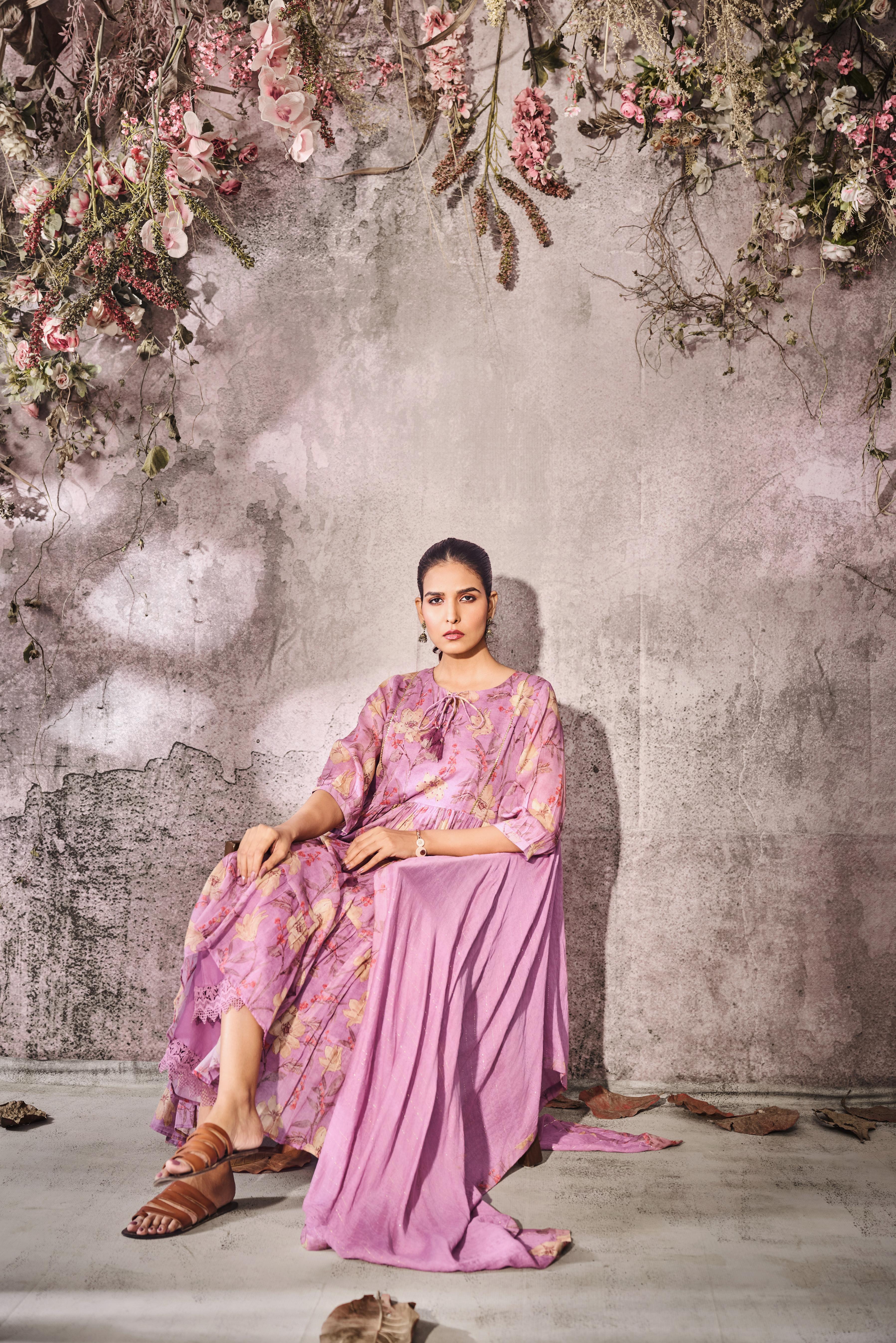 Soft Lilac  Printed Tussar Silk Anarkali Set