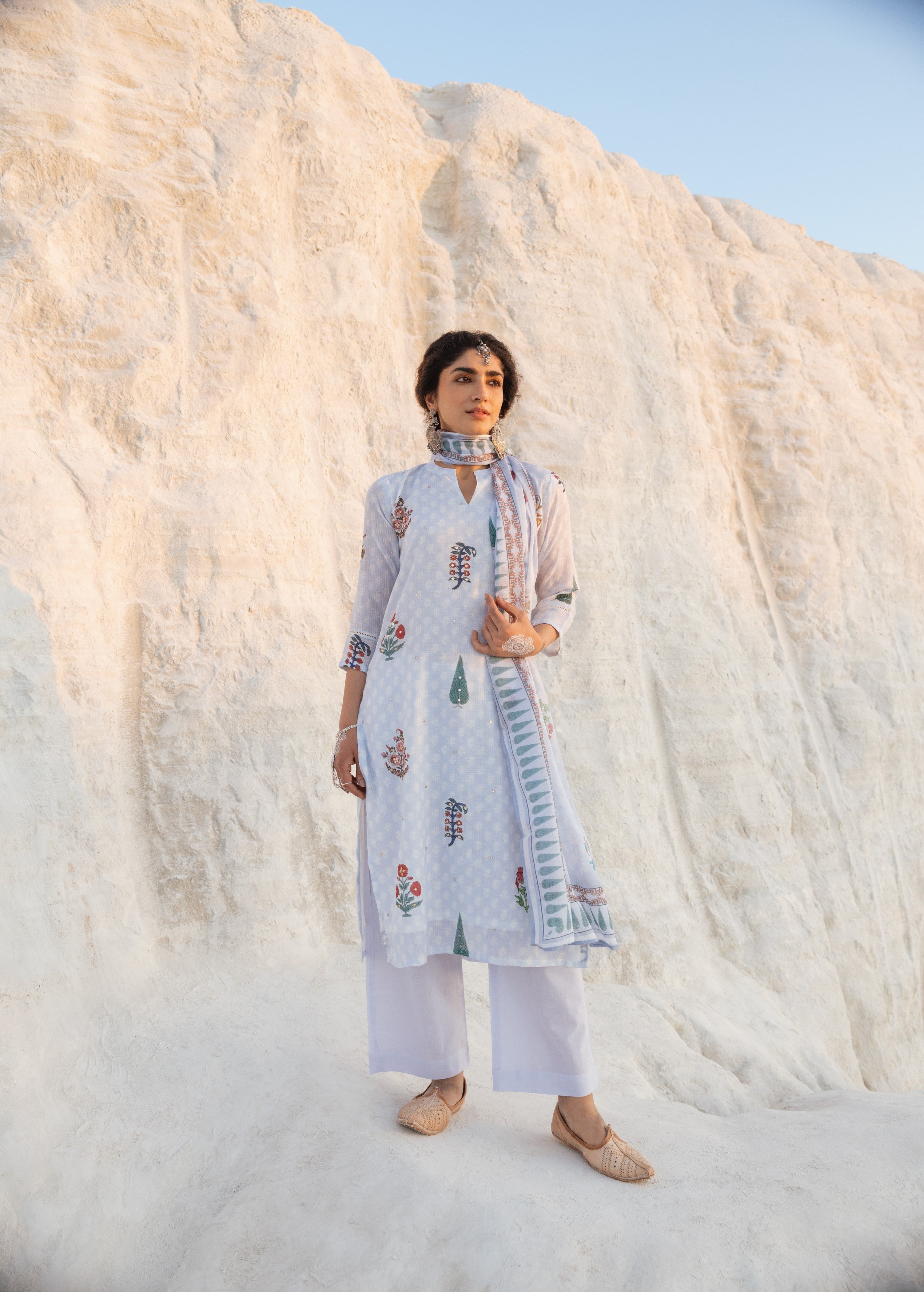 Powder Blue Embellished Kota Doria Pant Set