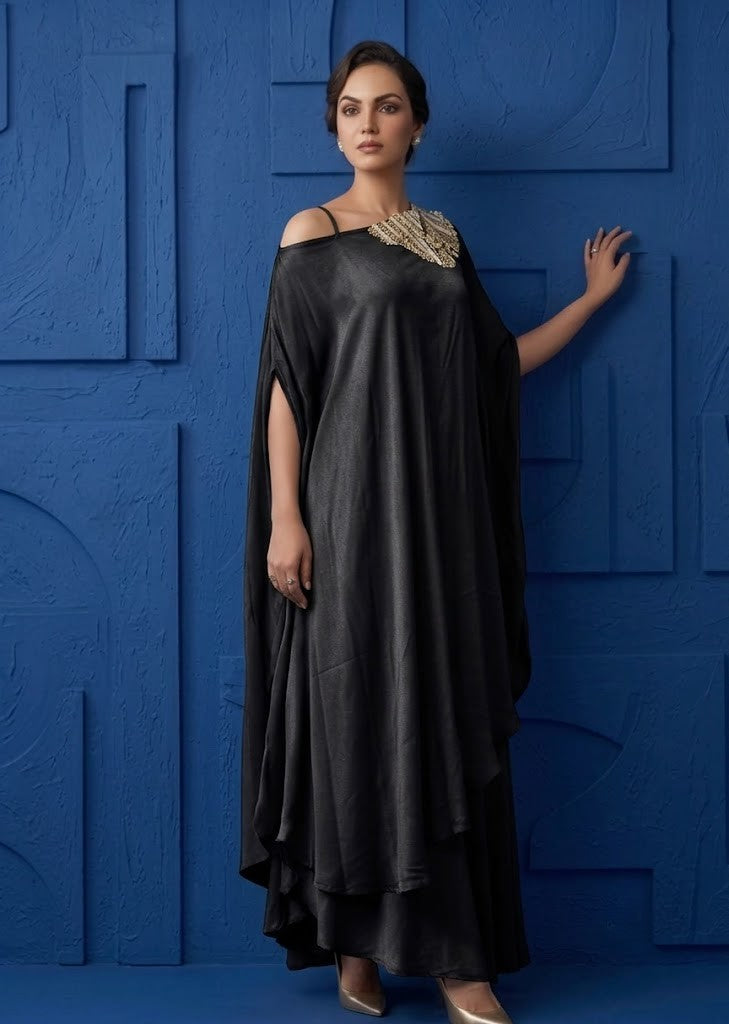 Deep Black Embellished Paper Silk Skirt Set