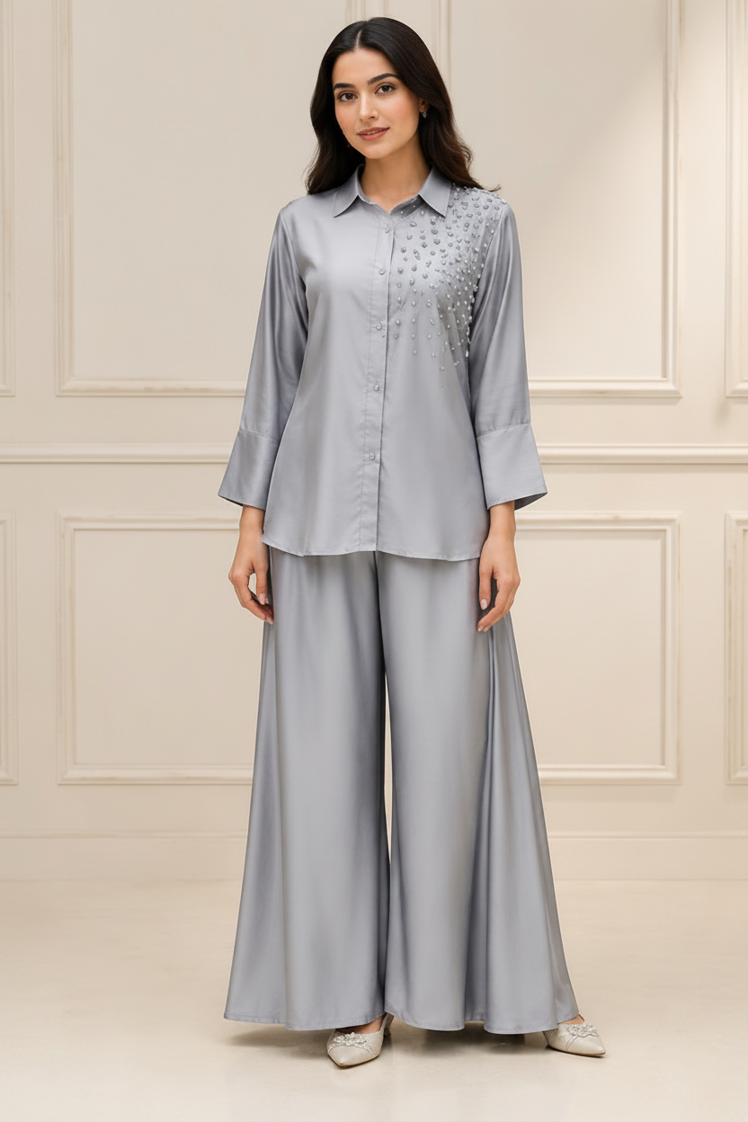 Dove Grey Embellished Premium Silk Co-Ord Set