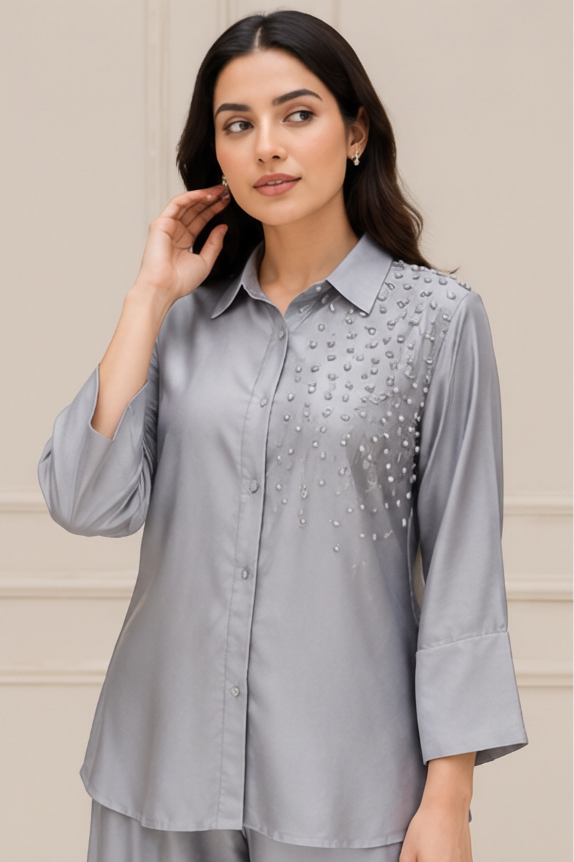 Dove Grey Embellished Premium Silk Co-Ord Set
