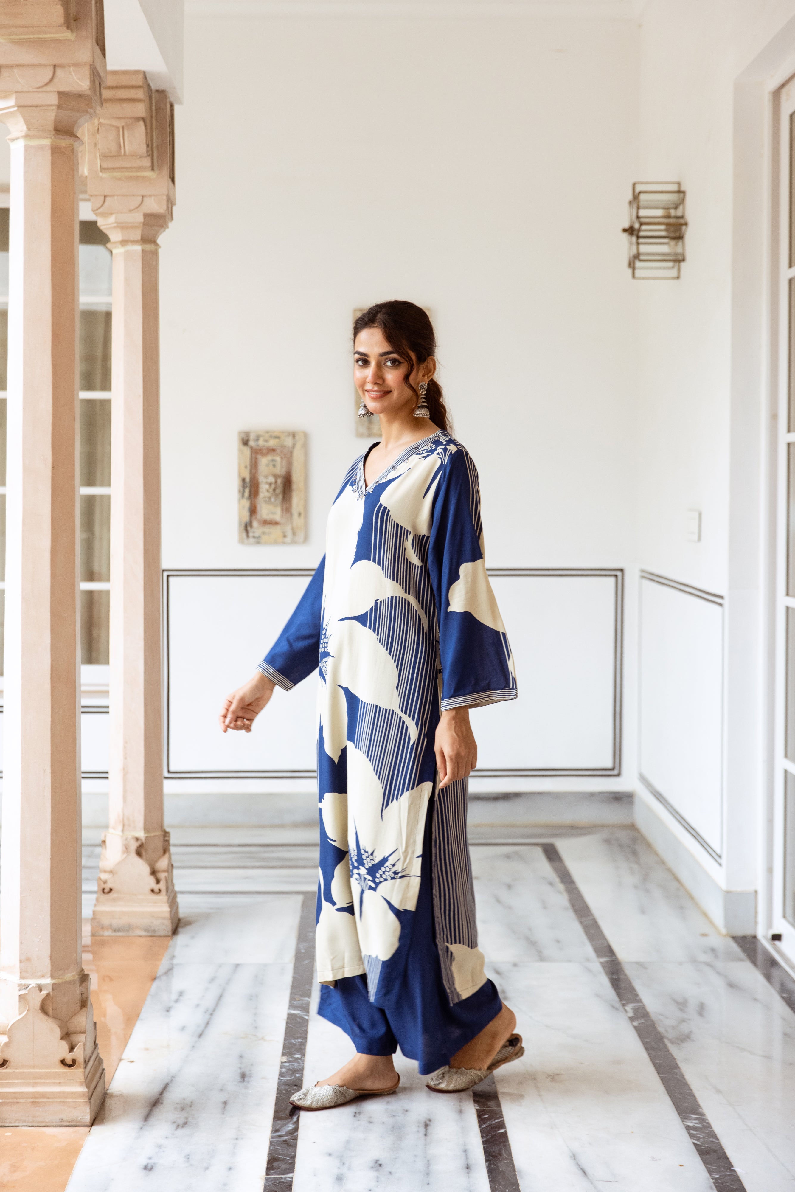 Blue Floral Printed Cotton Silk Kurta Set