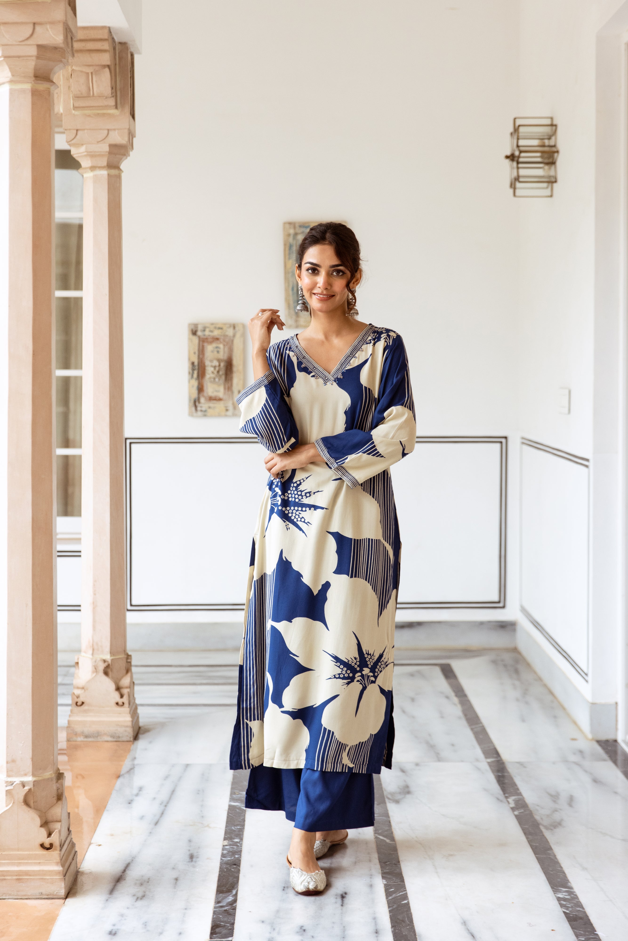 Blue Floral Printed Cotton Silk Kurta Set