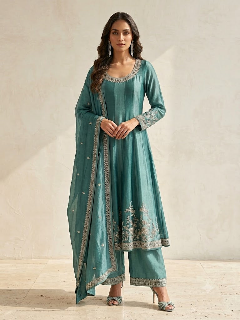 Ocean Blue Embellished Tissue Silk Anarkali Set