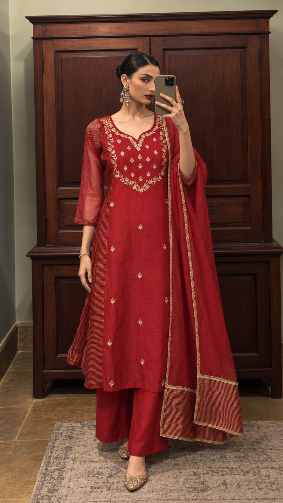 Regal Maroon Embellished Chanderi Silk Pant Set