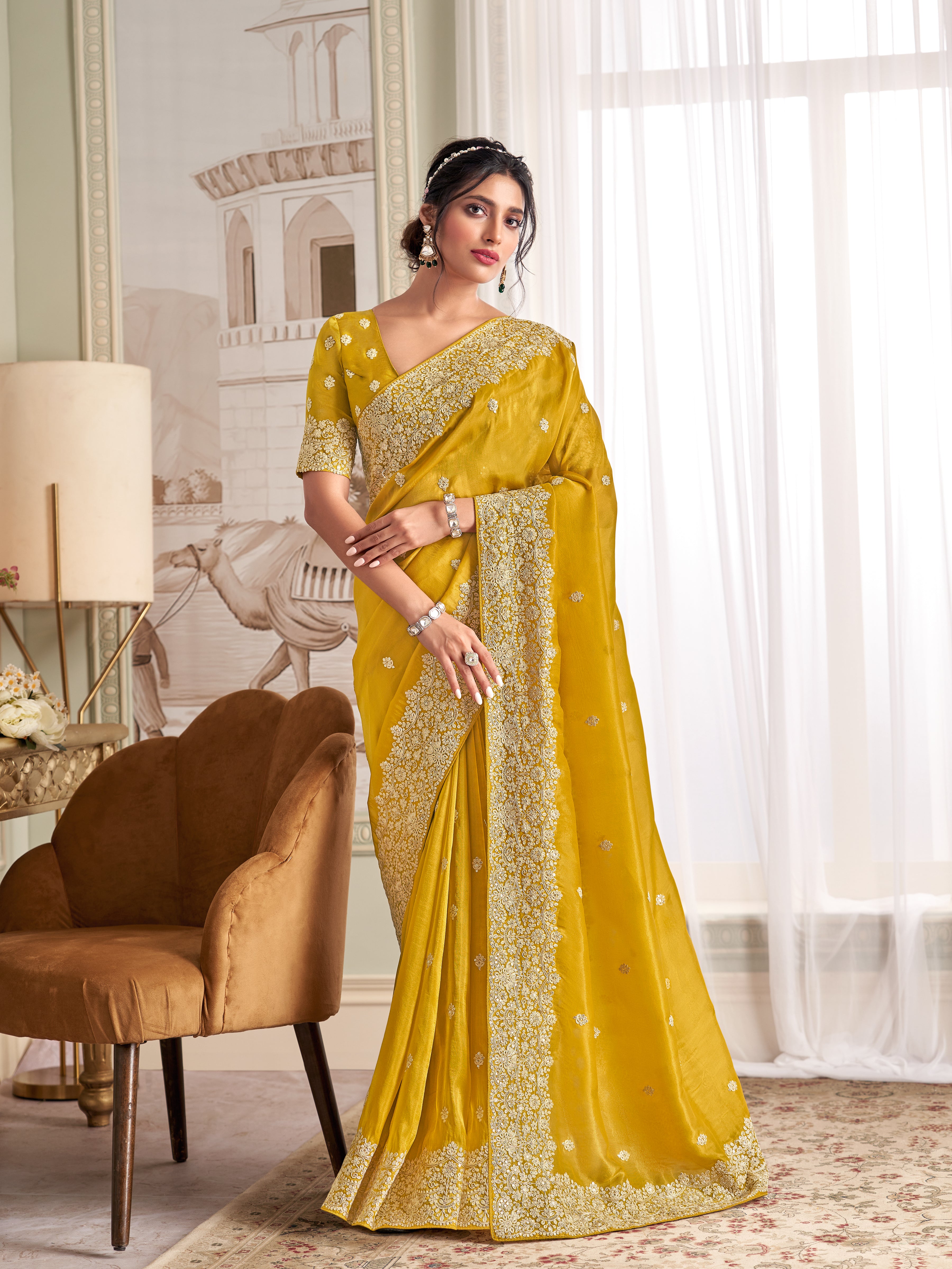 Mustard Yellow Embellished Tissue Silk Saree