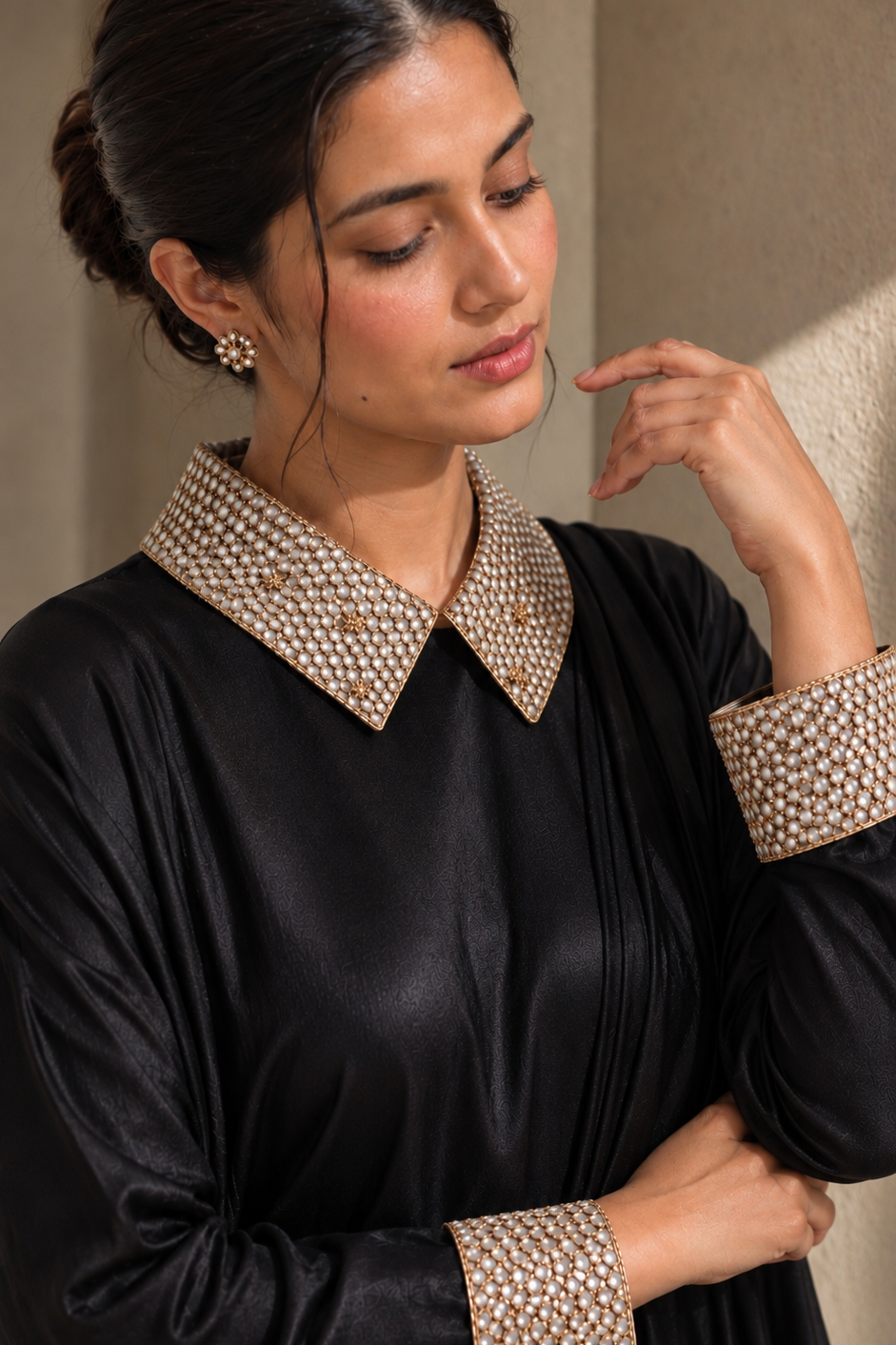 Deep Black Embellished Lattice Draped Gown