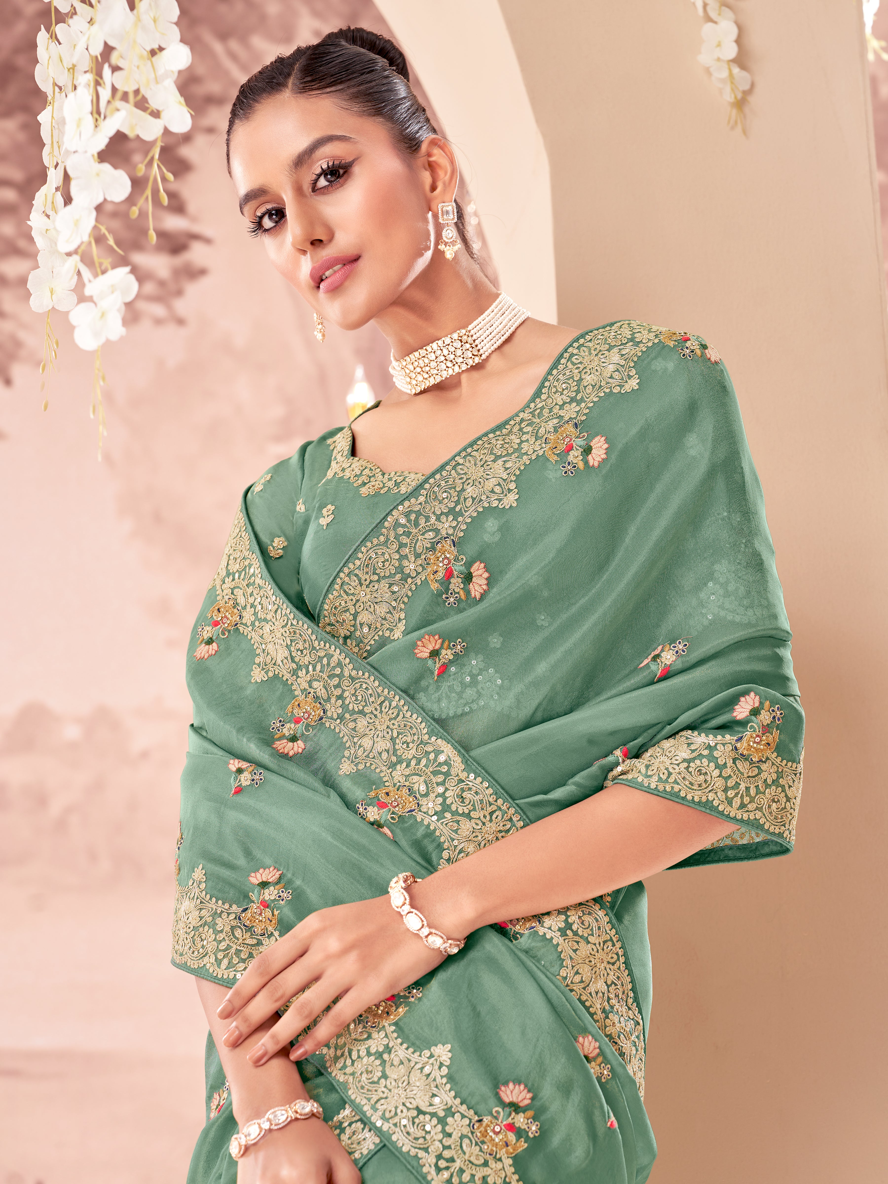 Teal Green Embellished Tissue Silk Saree