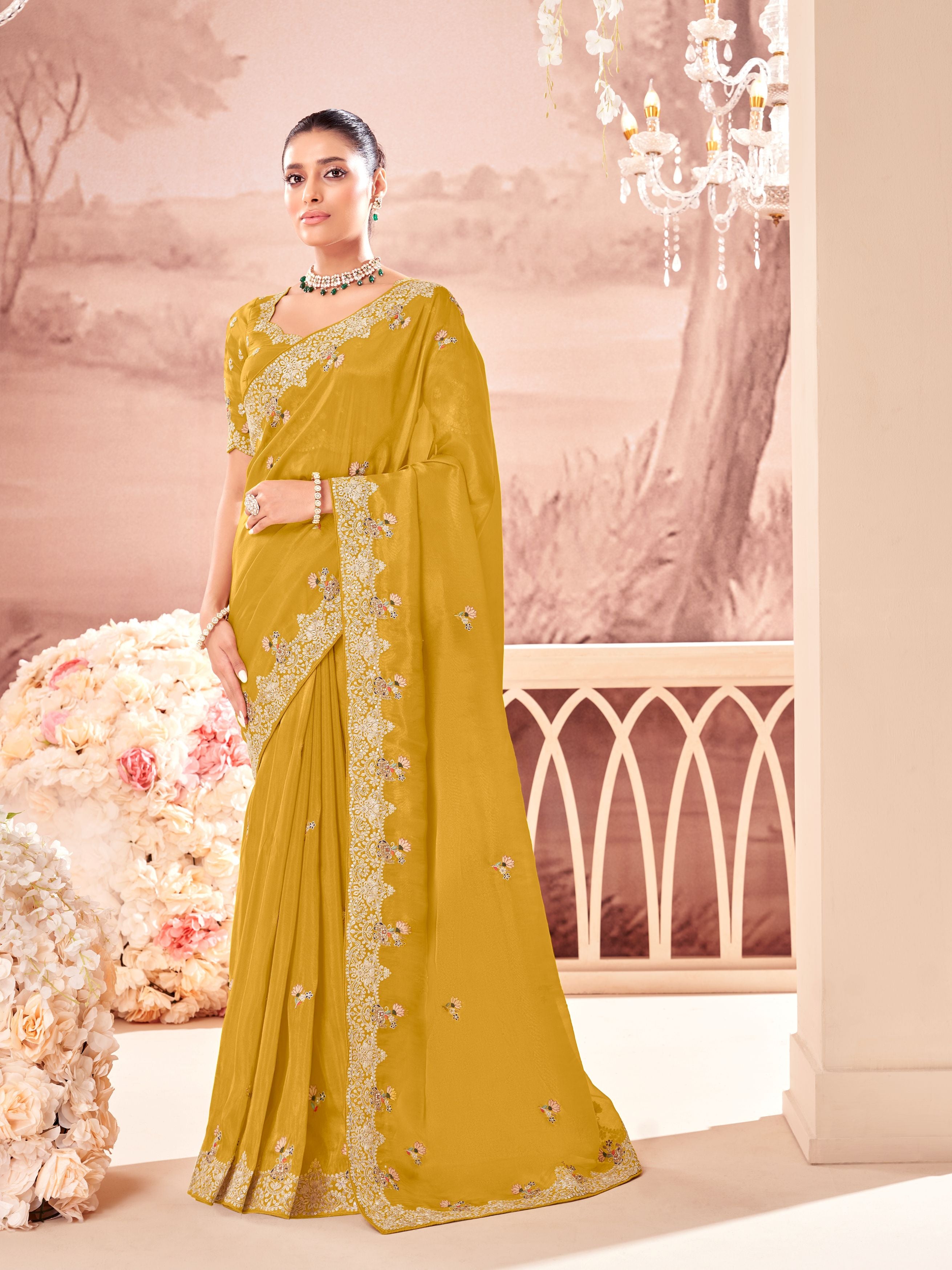 Mustard Yellow Embellished Tissue Silk Saree