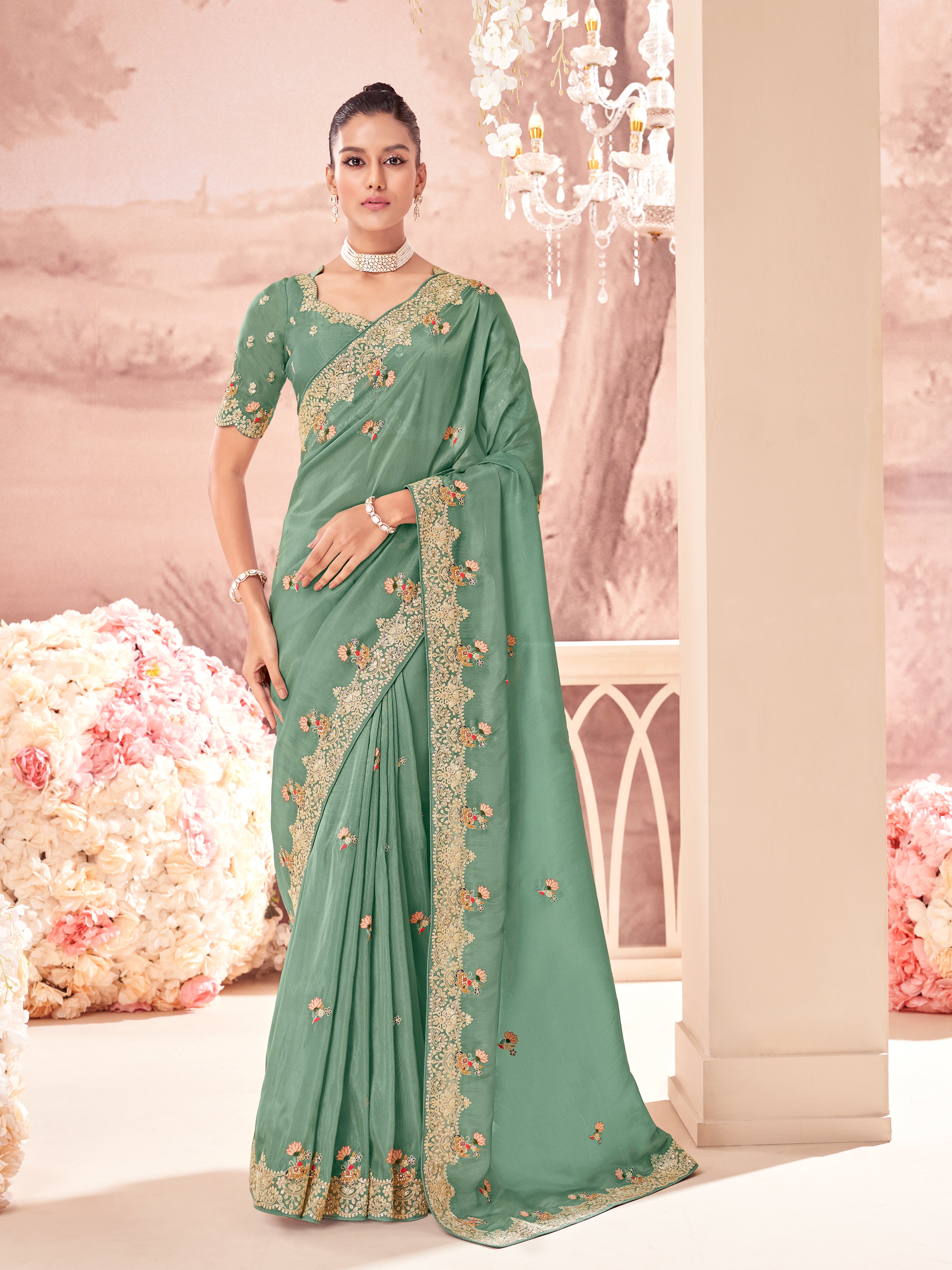 Teal Green Embellished Tissue Silk Saree