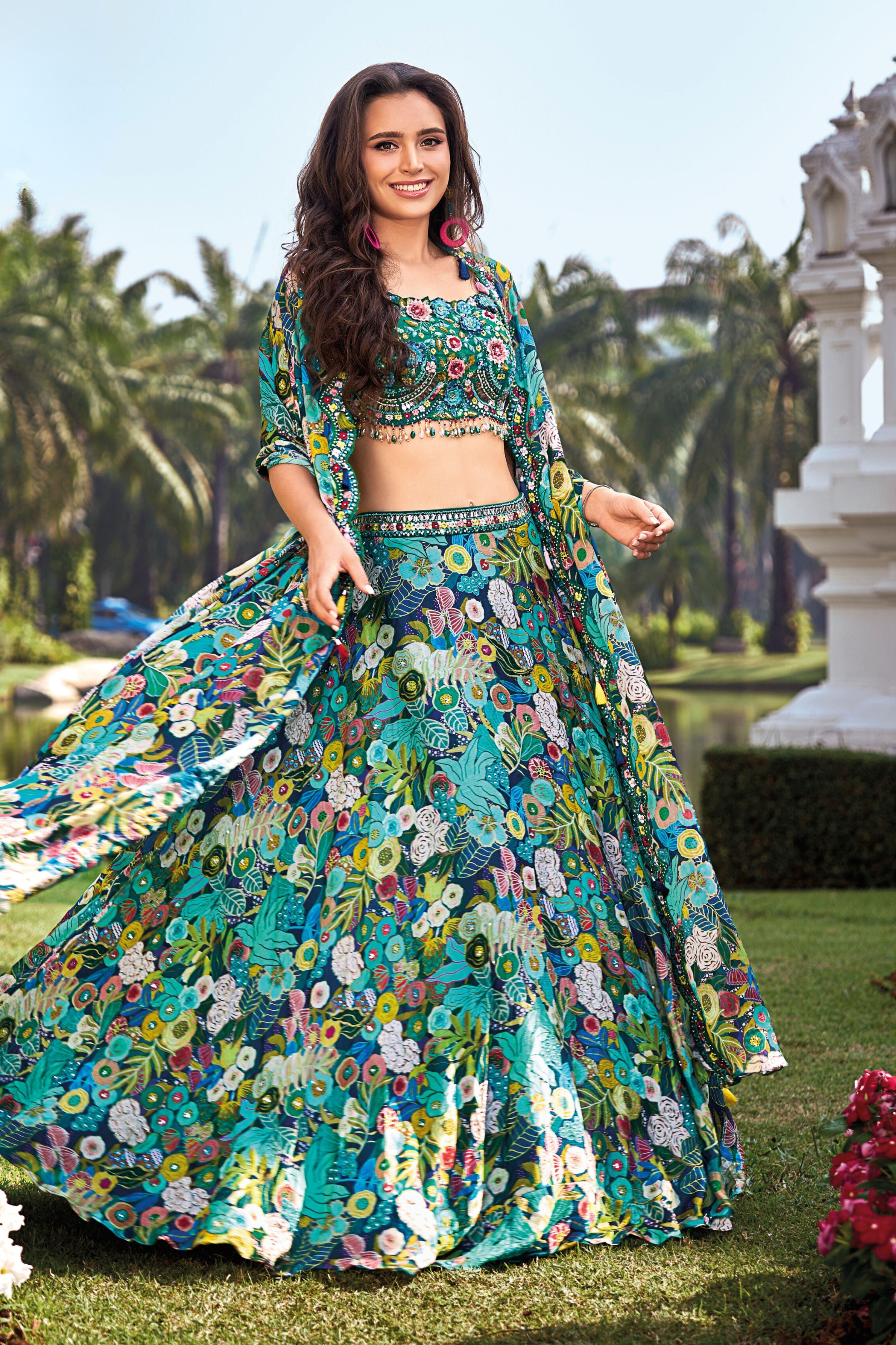 Deep Green Floral Printed Chinon Silk Lehenga Set