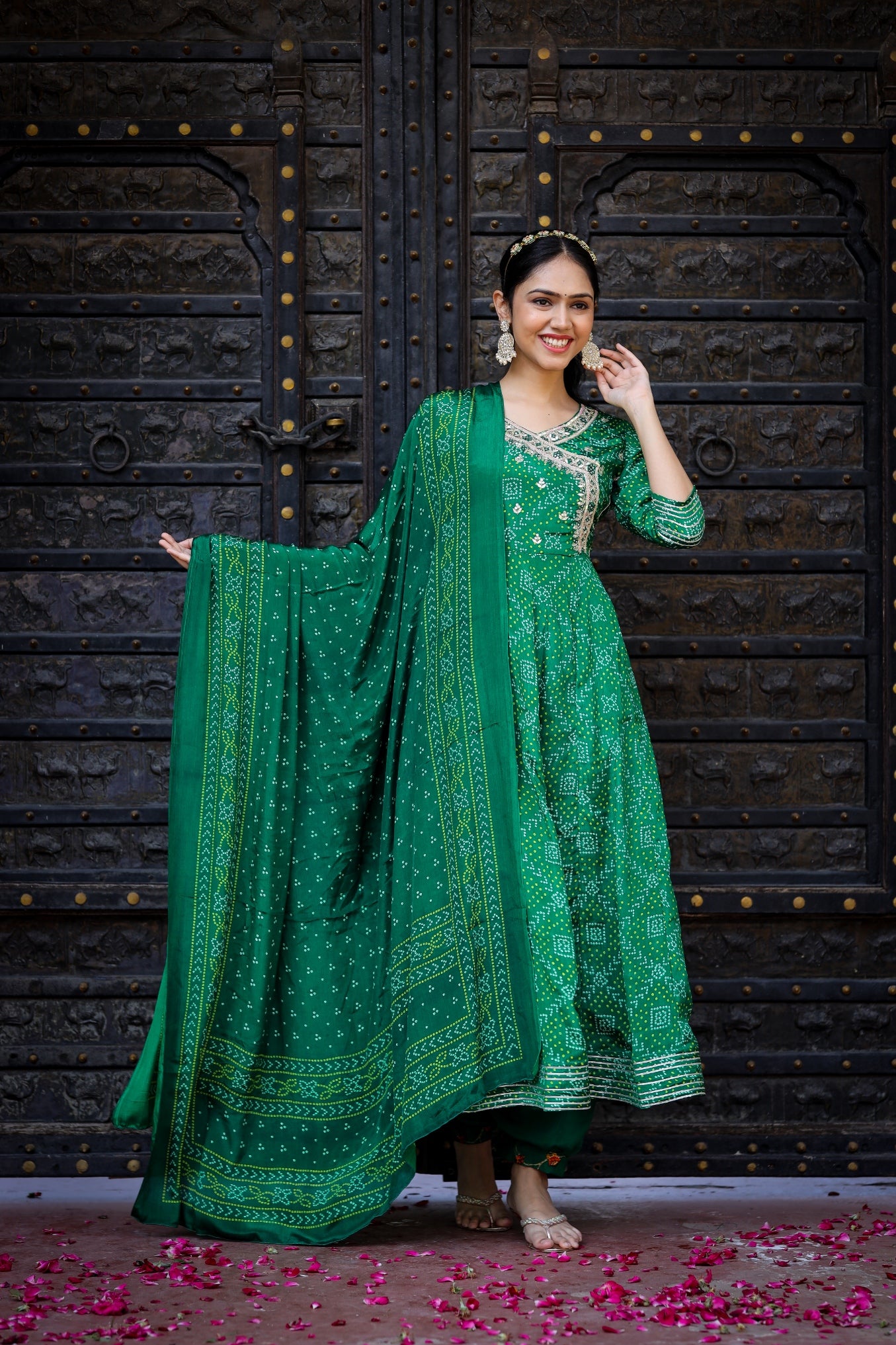 Green Bandhej & Gota Embroidered Anarkali Sets