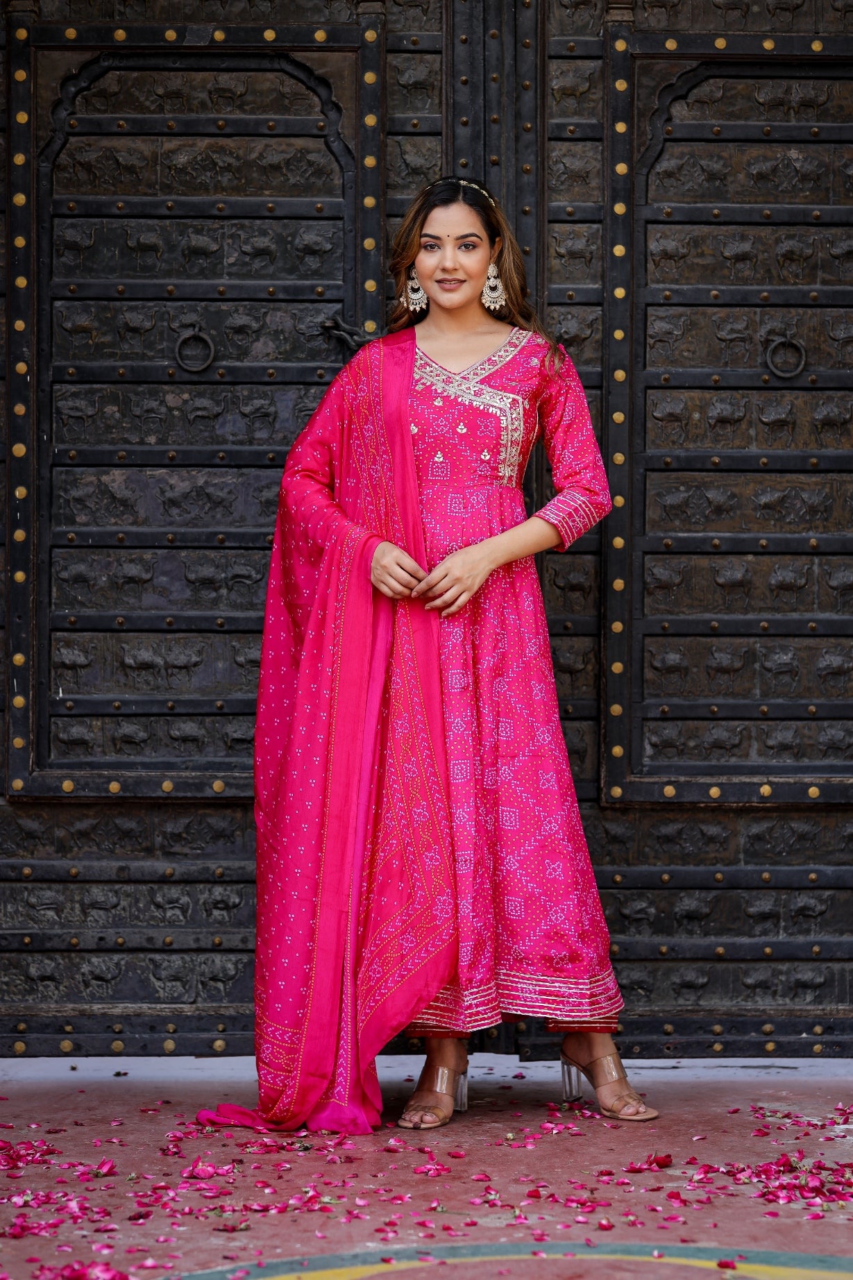 Reddish Pink Bandhej & Gota Embroidered Anarkali Sets