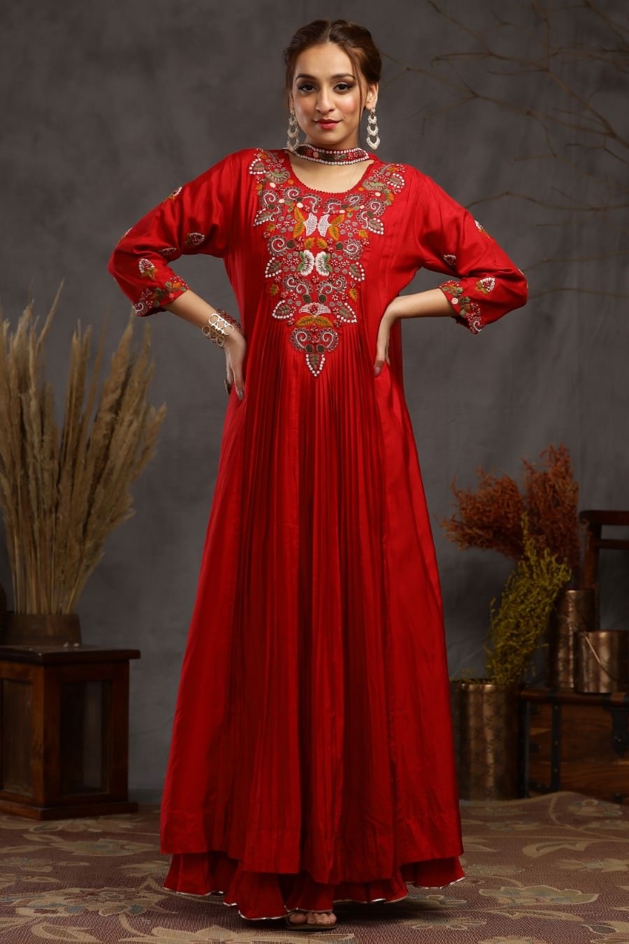 Red Muslin Silk Kali And Pleating Gown Dress And Dupatta Set