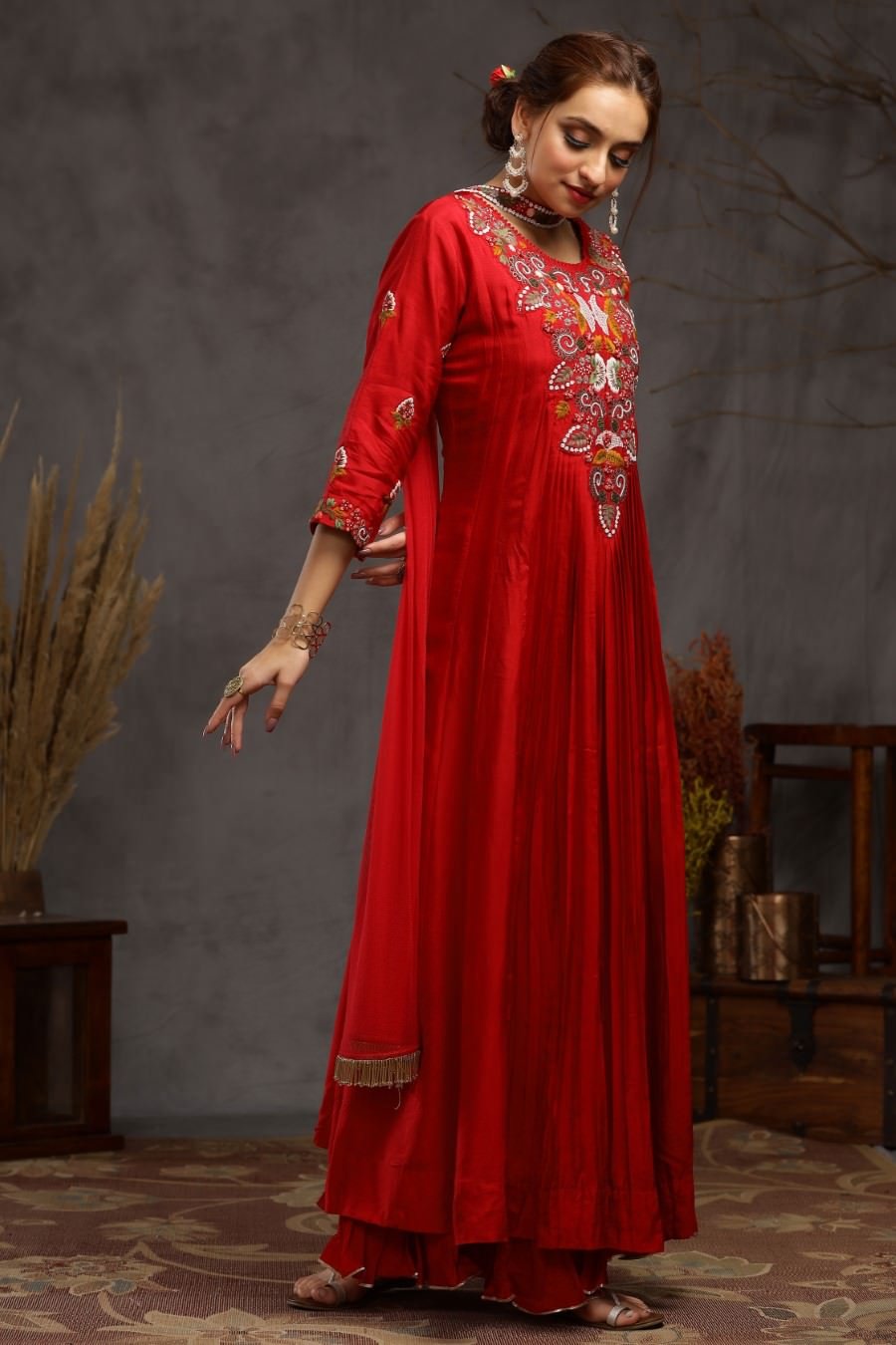 Red Muslin Silk Kali And Pleating Gown Dress And Dupatta Set