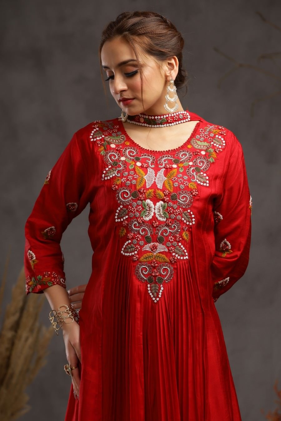 Red Muslin Silk Kali And Pleating Gown Dress And Dupatta Set