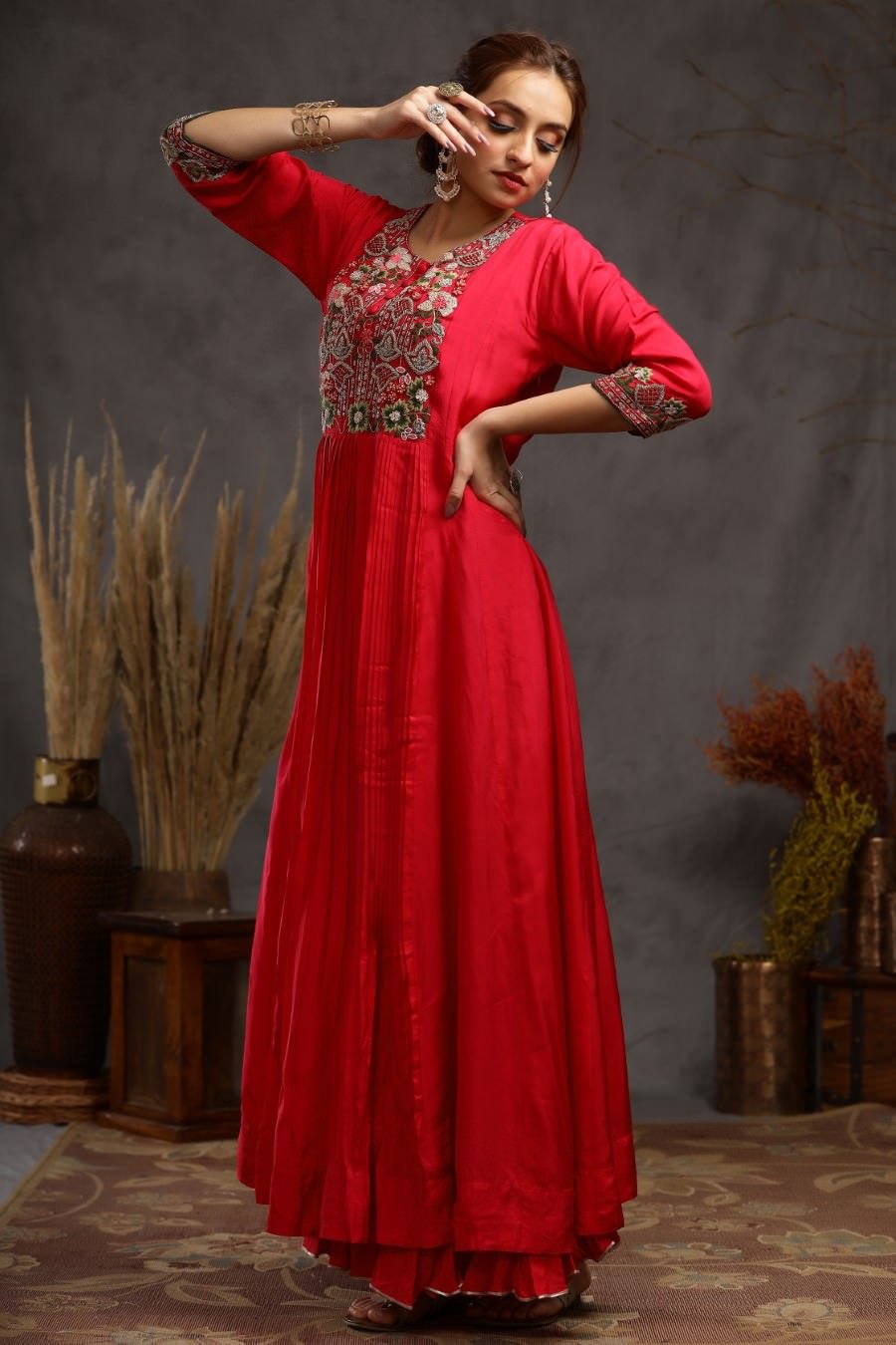 Ruby Muslin Silk Kalidar And Pleating Gown