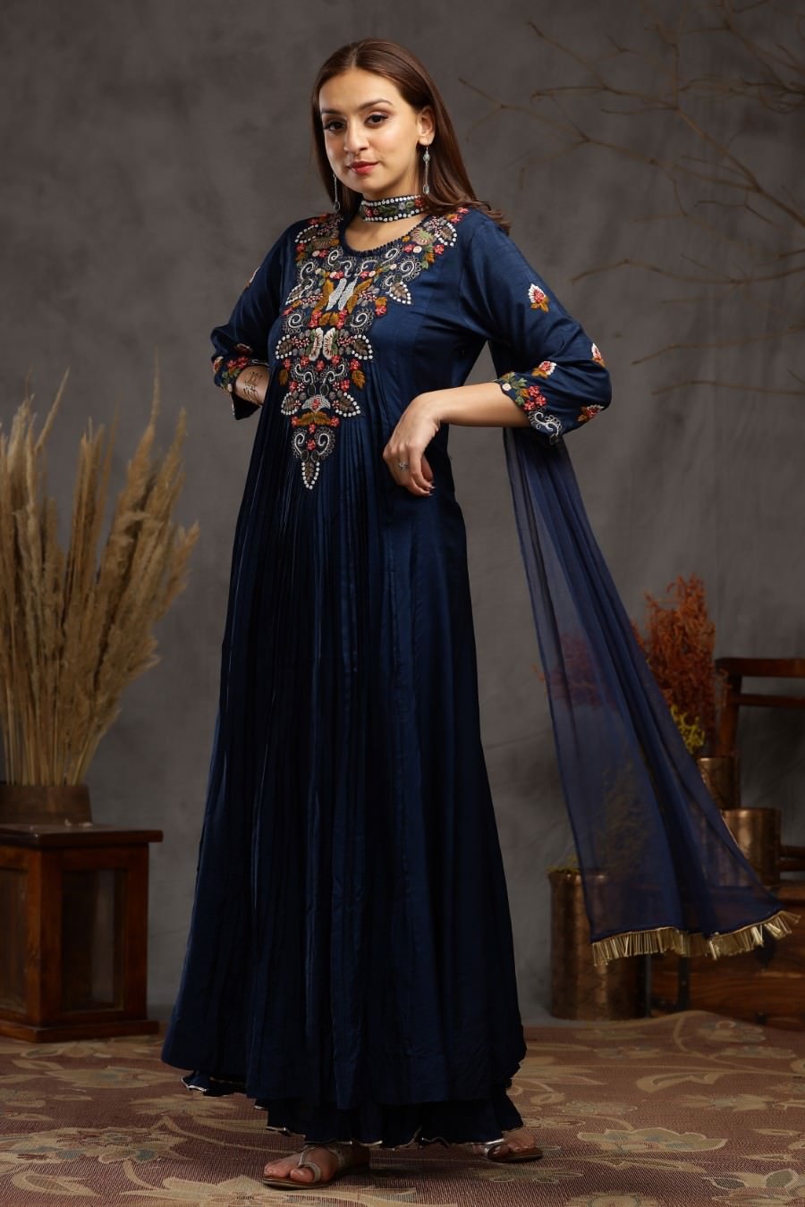 NEW PARTY WEAR SIMPLE LOOK NAVY BLUE GOWN WITH DIGITAL PRINTED DUPATTA -  Khwaissh