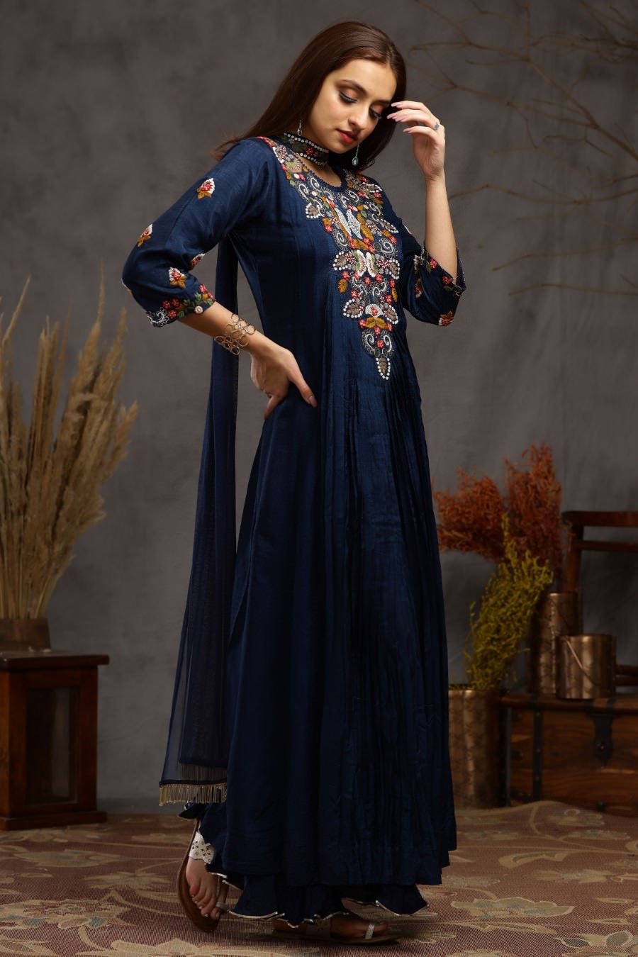 Navy Blue Muslin Silk Kali And Pleating Gown Dress And Dupatta Set